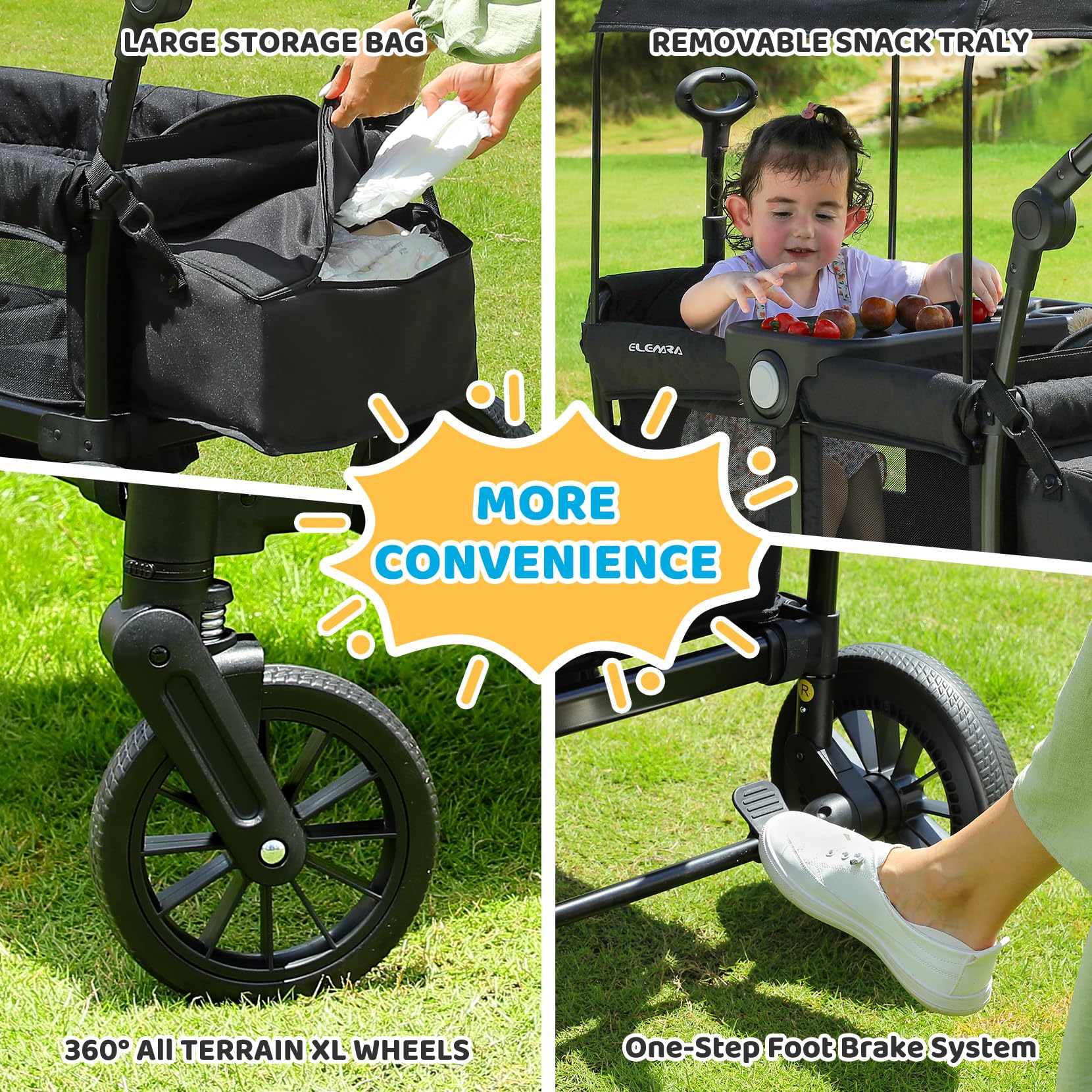 ELEMARA Passeggino per 2 bambino, passeggino pieghevole, carrello multiuso per bambino, carrello con tettoia rimovibile, maniglia regolabile, imbracature, grande borsa