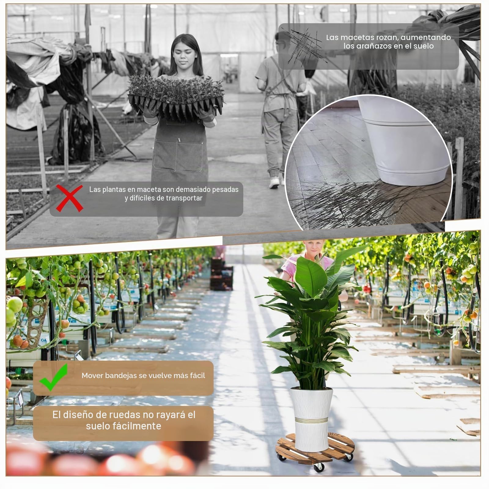Rodillo para Plantas, 2 Piezas 30 x 6.5 cm Base con Ruedas para Macetas, con Capacidad de Carga de 100 kg, para Exteriores e Interiores, Macetero con Ruedas, Rotación De 360 °