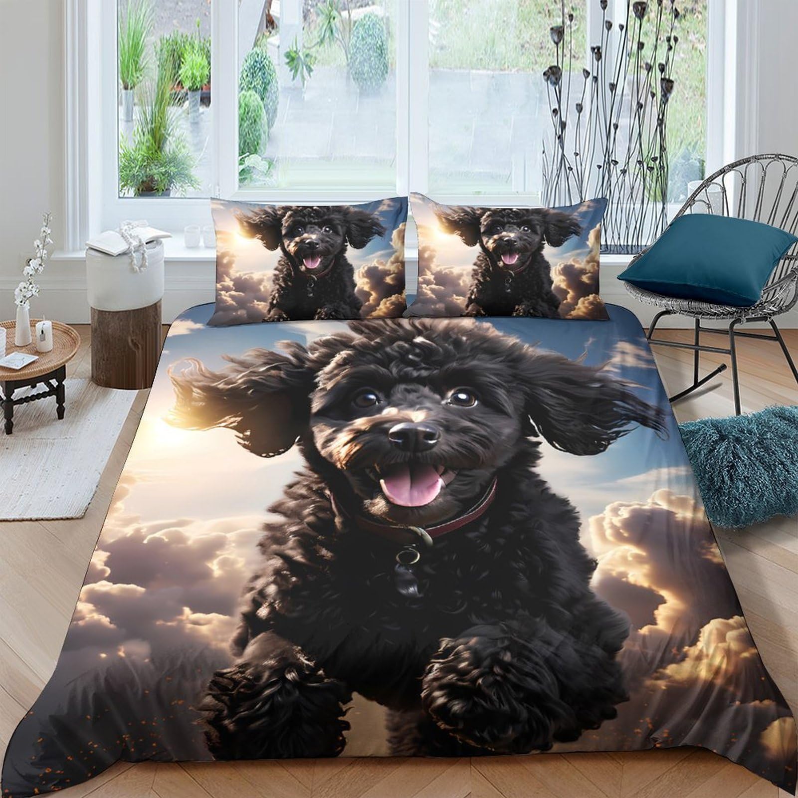 GPLZQXKJNH 3D Printed Black Poodle Duvet Cover Set Microfiber Soft Breathable Dog Bedding Set with 2 Pillowcases for Bedroom Decor Single（135x200cm）