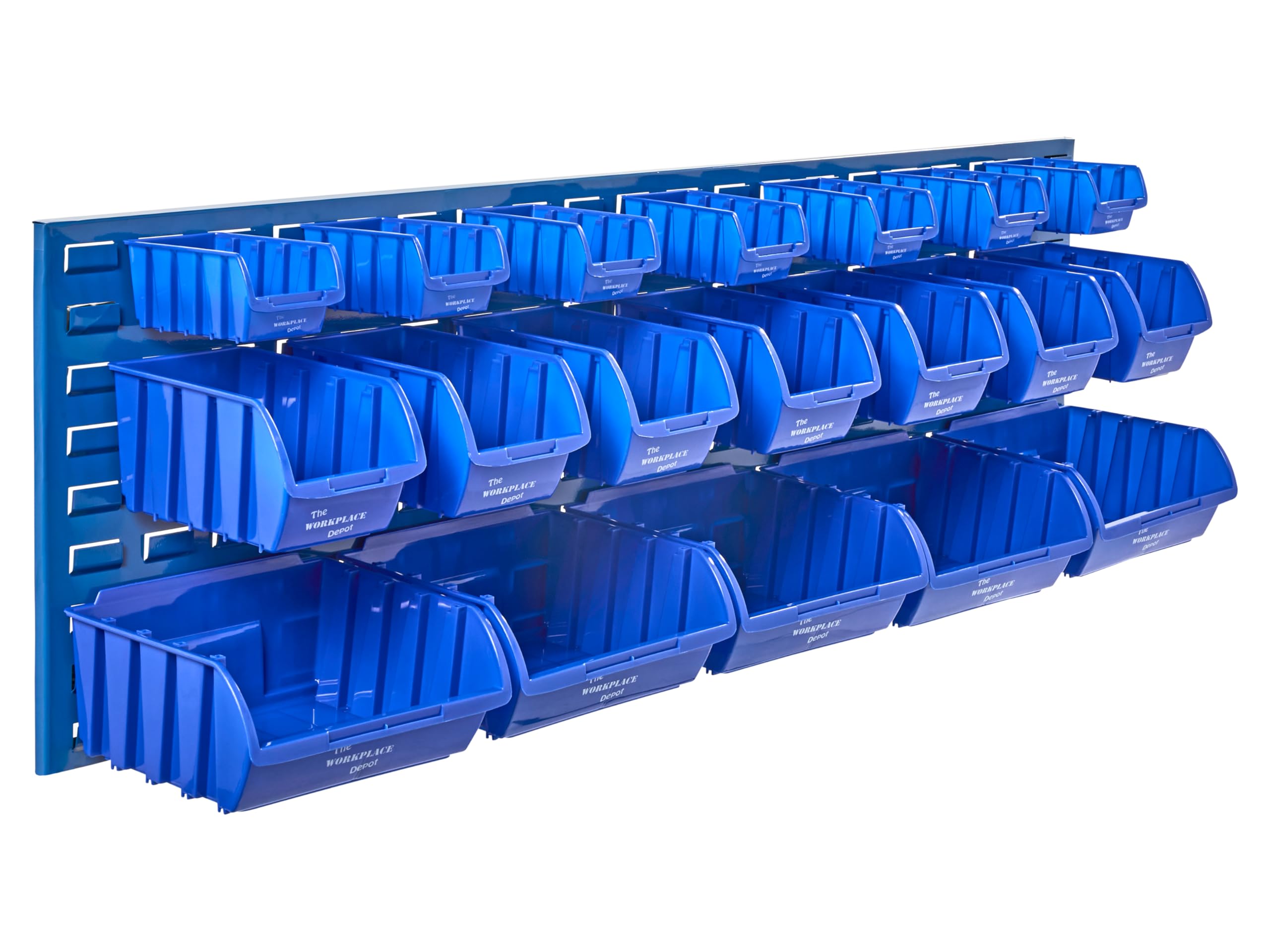 The Workplace Depot Louvre Panel & Bins Kit – Steel Wall-Mounted Storage Organiser 460(H) × 1490(W) mm with Plastic Bins – Ideal Workshop, Garage & Office (Blue, with x19 Mixed Bins)