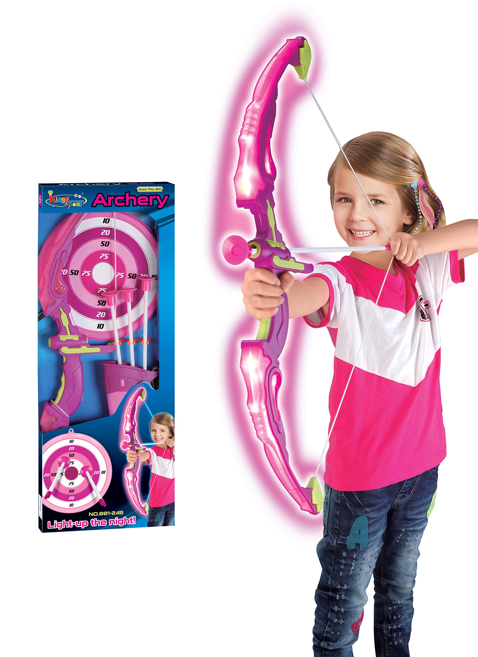 Fstop Labs 2 Pack Archery Bow and Arrow for Kids Set with LED Flashing Lights, Pink Light Up Function, Arrow Holder Target and Quiver Hunting Series for Boys and Girls Indoor and Outdoor Toys