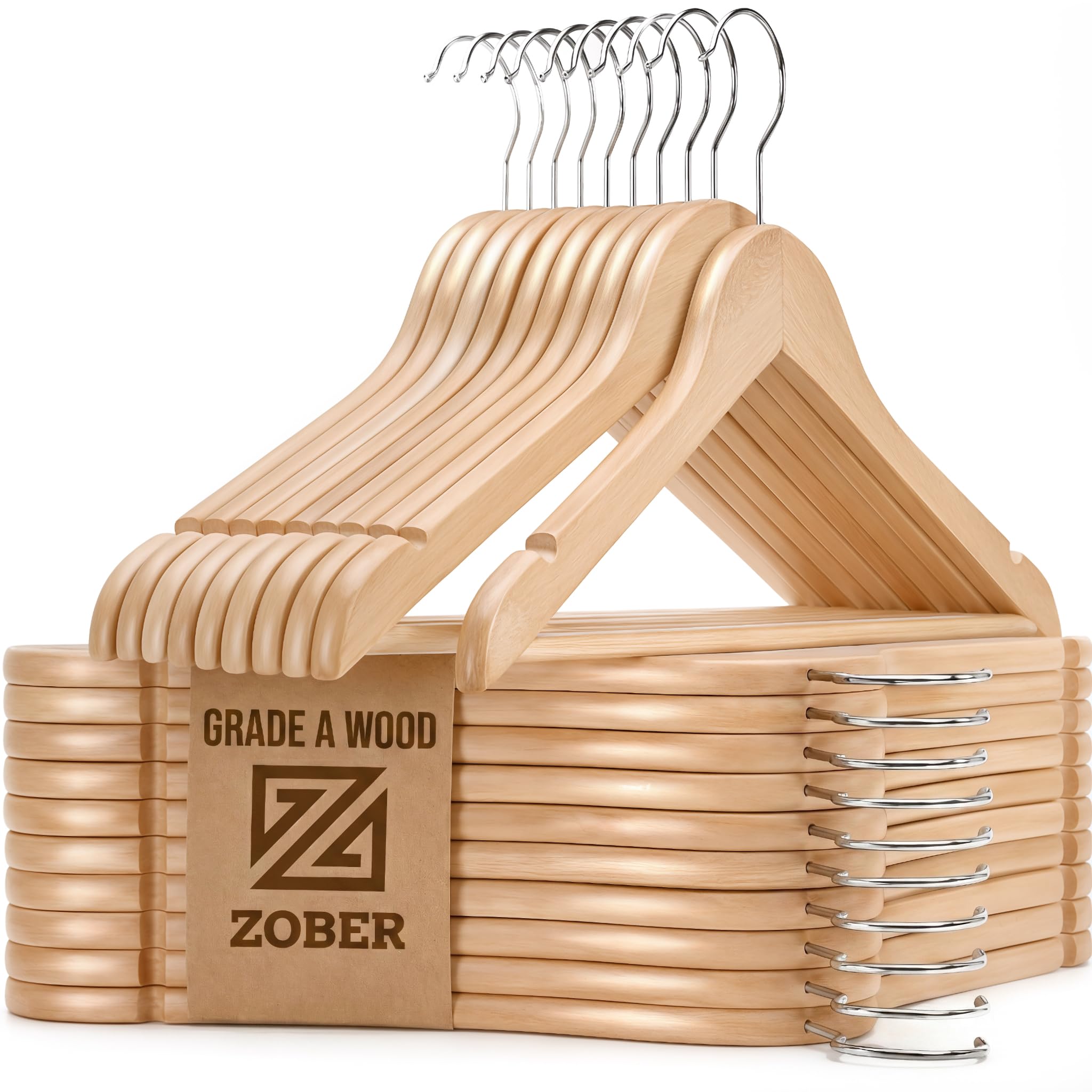 Photo 1 of ZOBER High-Grade Wooden Hangers - Heavy Duty, Non Slip Wood Hangers for Coats, Jackets, Suits, & Pants - Clothes Hangers for Closet W/Bar and Notches 20 Pack