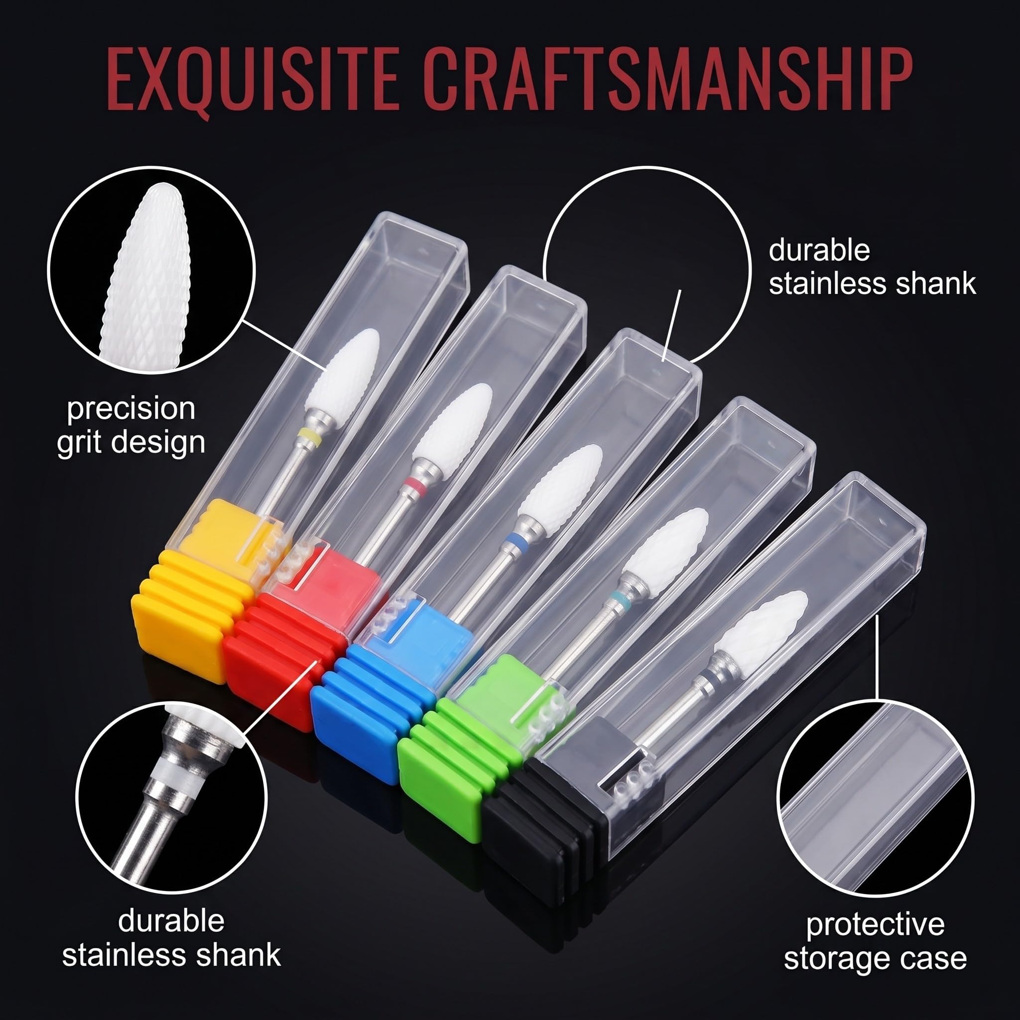5 Punte Fresa per Unghie in Ceramica Professionale, Kit per Rimozione di Gel, Acrilico e Cuticole, Set Manicure e Pedicure con Custodie, Compatibilità Universale 3/32"