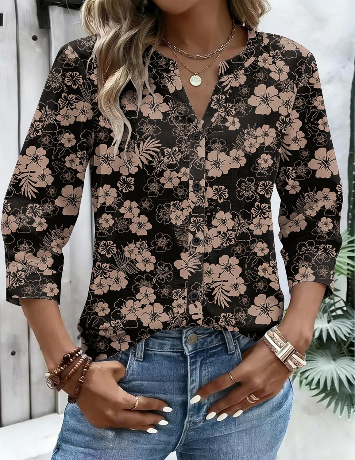 Zeagoo Button Down Shirts for Women 3/4 Sleeve Linen Cotton V Neck Tops Dressy Casual Loose Work Blouses - Image 2