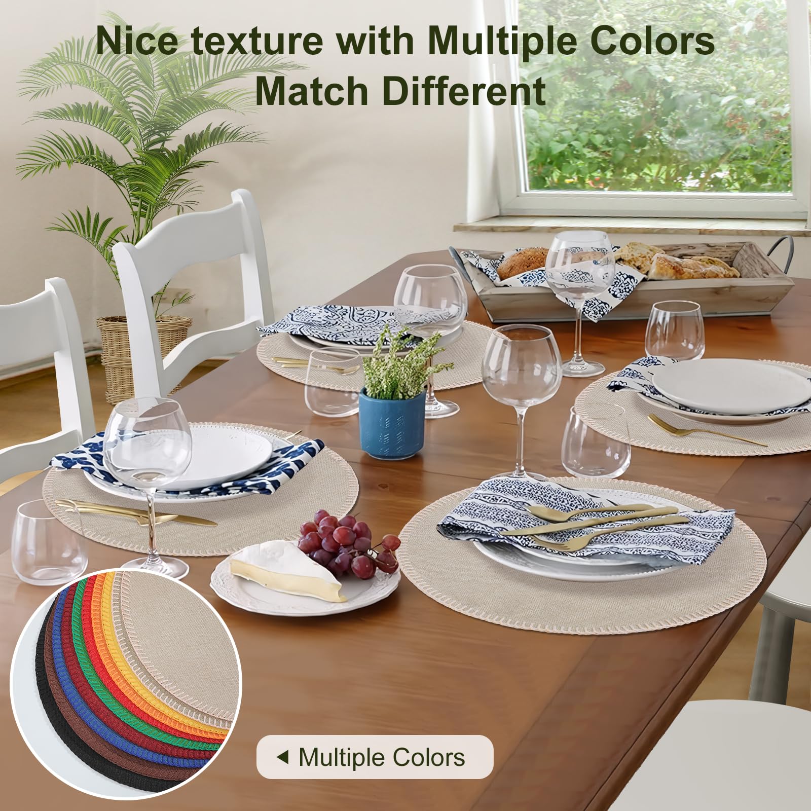 Rinpon Round Placemats Set of 8, Machine Washable Linen-Like Cloth Place Mats & Heat-Resistant for Dining Table - Image 3