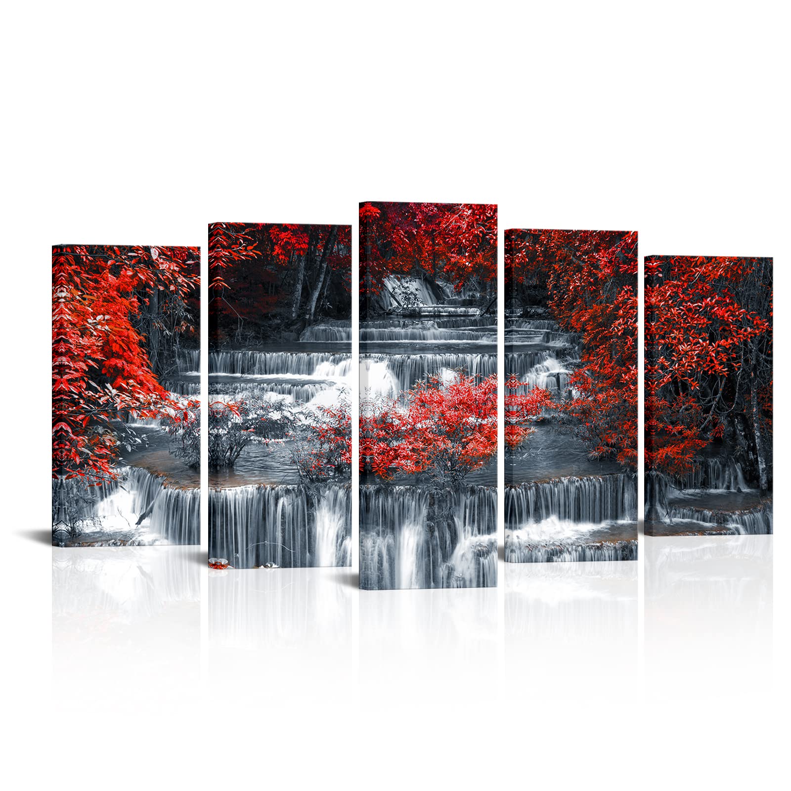 Visual Art Decor 5 Pieces Large Black and Red Canvas Wall Art Waterfall Nature Landscape Picture Print, Living Room Office Decoration Framed Ready to Hang
