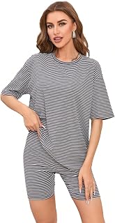 Women's 2 Piece Striped Outfits Crewneck Half Sleeve Top Skinny Shorts Lounge Set Casual Tracksuit