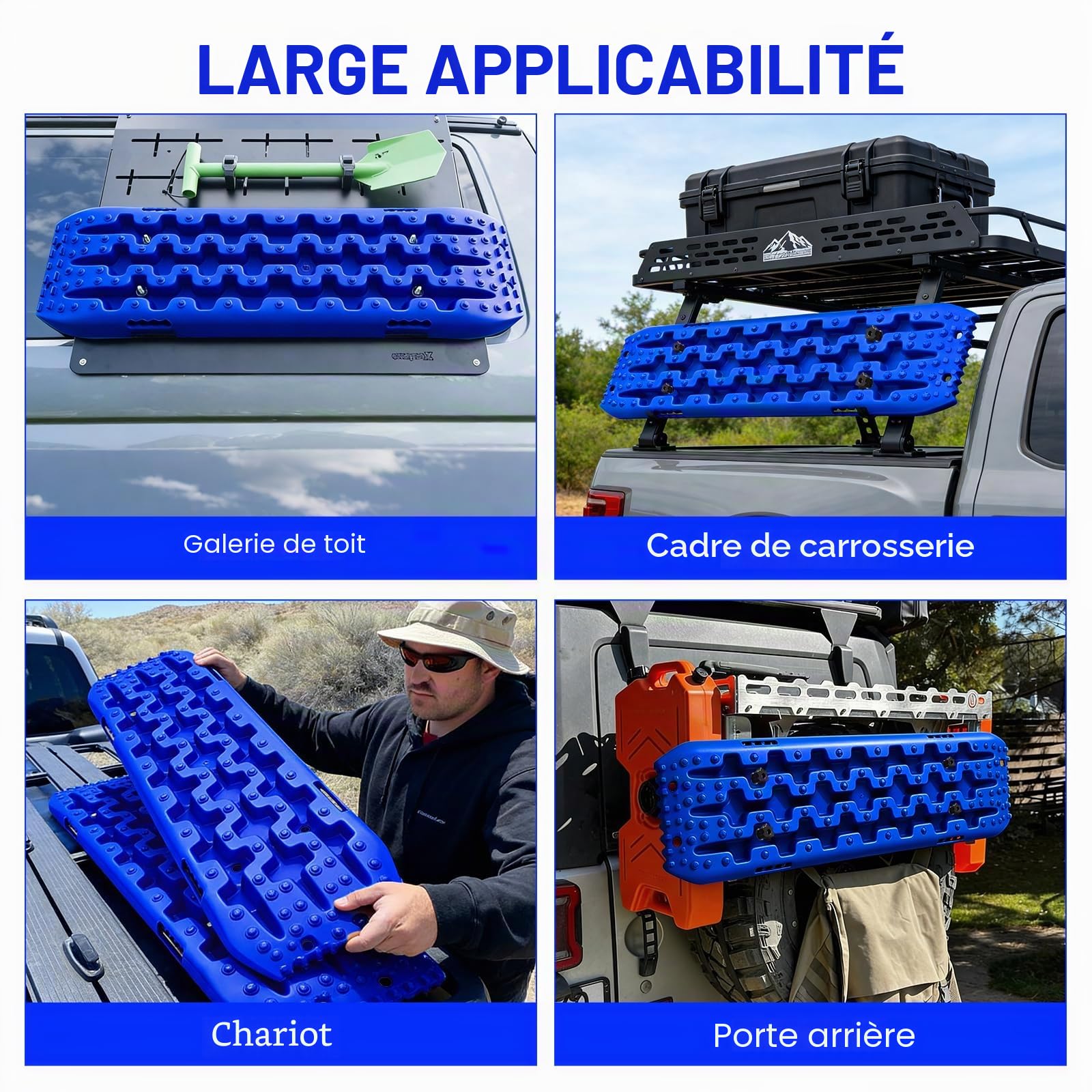 EXLECO Lot de 2 Plaque Desensablage Tapis de Traction Tout Plaque de Désenlisement Camping Car Tapis de Traction en Plastique Accessoire Off Road Planche de Récupération pour Boue Sable Neige Bleu