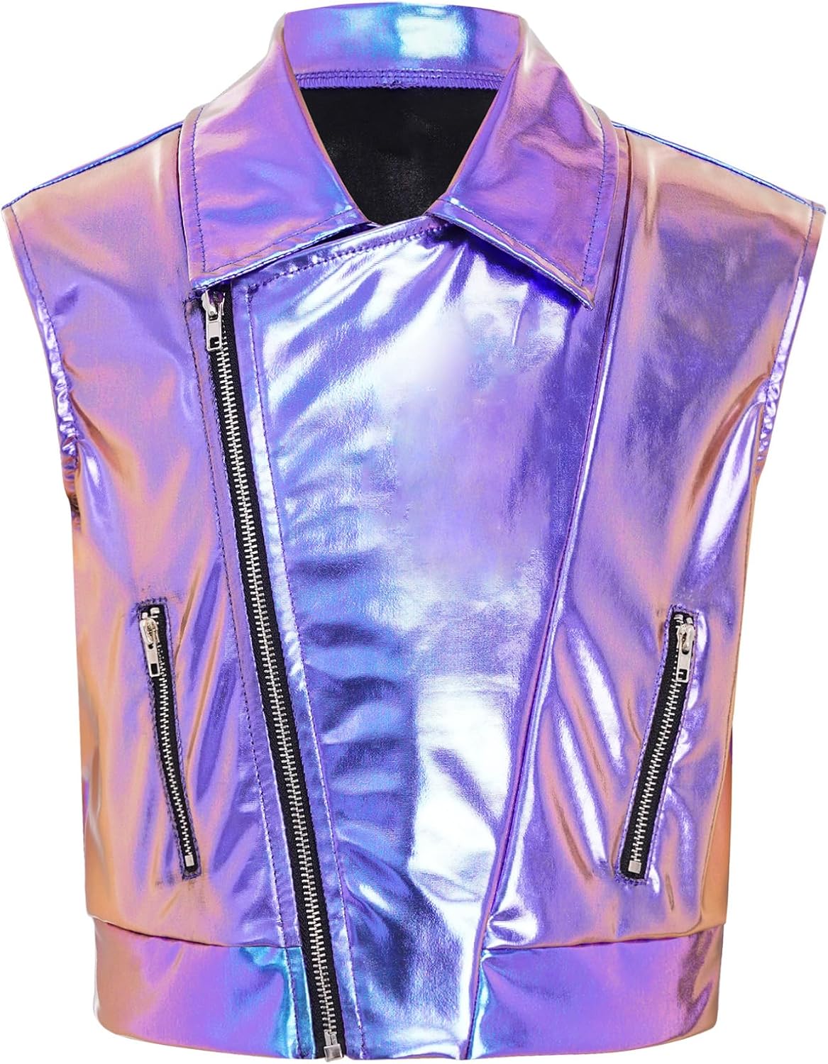 ACSUSS Kids Girls Metallic Hip Hop Jazz Dance Vest Top Sleeveless Zipper Disco Jacket Coat Street Outerwear