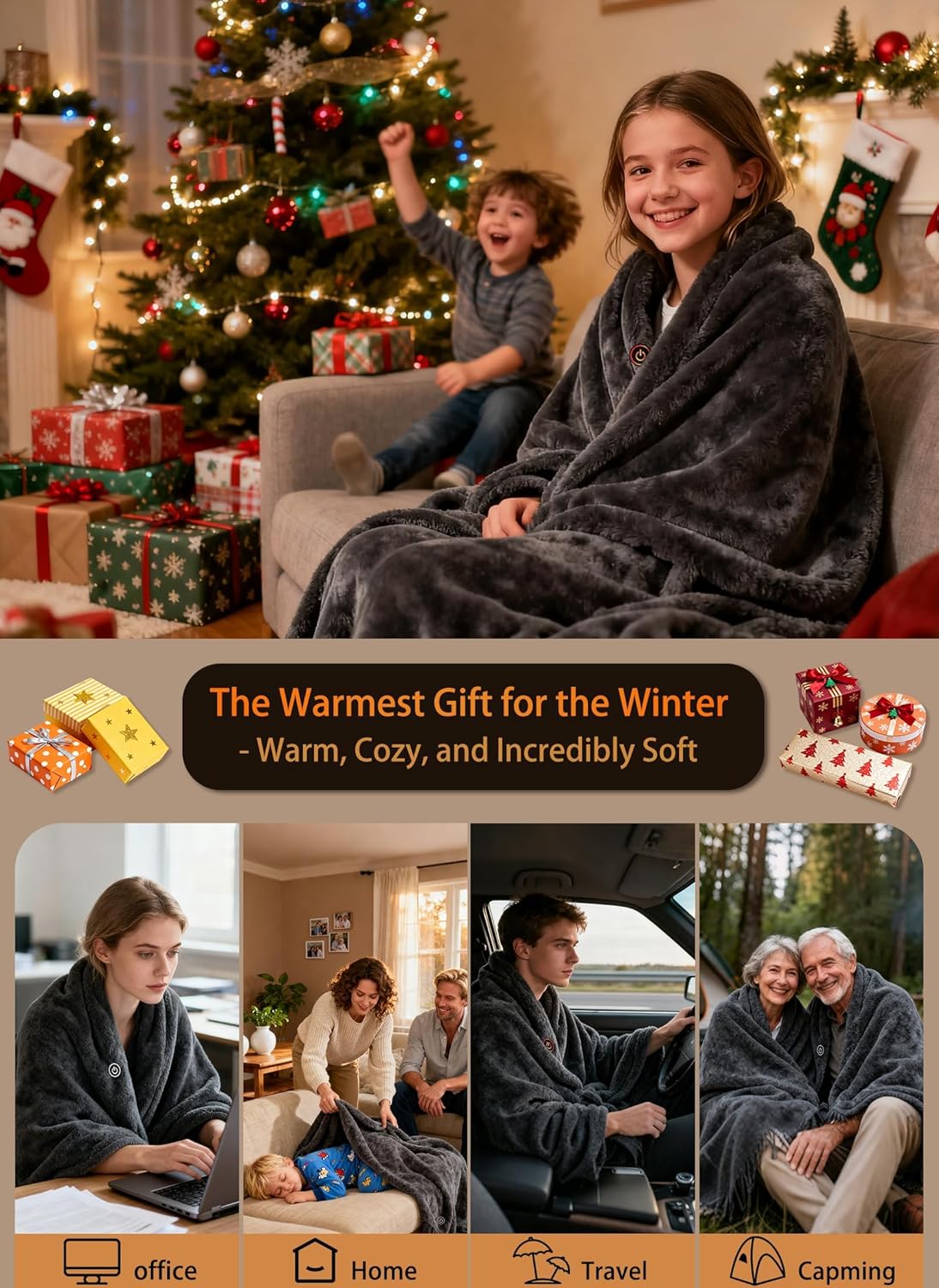 Portable Heated Blanket Battery Operated Cordless Heated Shawl for Women Men with Battery & 11 Heating Zones