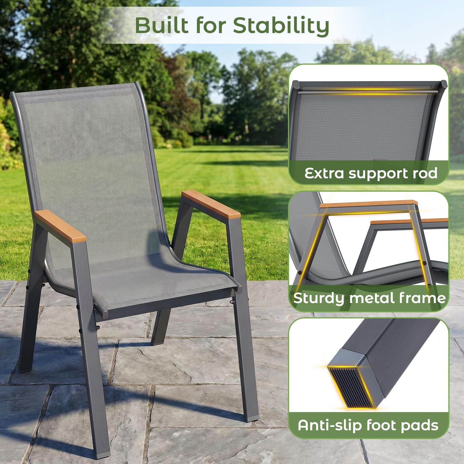 LIFERUN Gartenstühle stapelbar 4er Set Stapelstühle Hochlehner Terrassenstühle mit Armlehnen für Gärten, Innenhöfe, Balkone, Restaurants bis 150 kg Belastbar 54 x 73 x 90cm Grau
