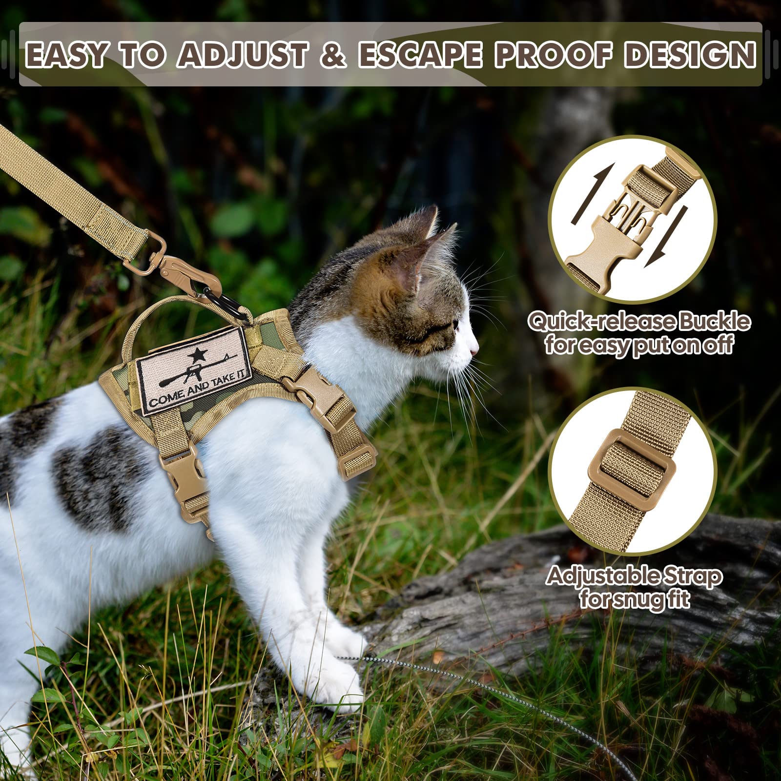 Harnais tactique et laisse pour chat, gilet de marche pour grand chat, gilet réglable en maille souple avec poignée de contrôle, patchs Molle (taille L, beige)