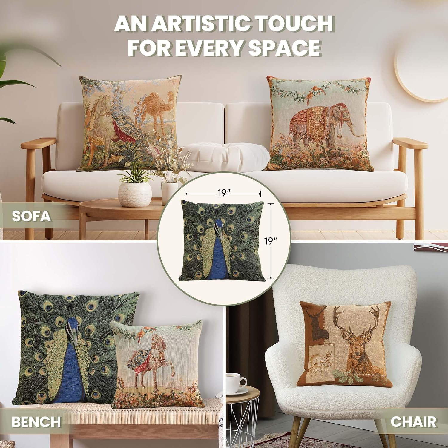 Charlotte Home Furnishings Decorative Tapestry Pillow Cover 19x19 in, The Peacock Throw Pillow Cover for Bed, French Country Square Cushion Cases for Living Room Home Decor, Soft Cotton Jacquard Woven