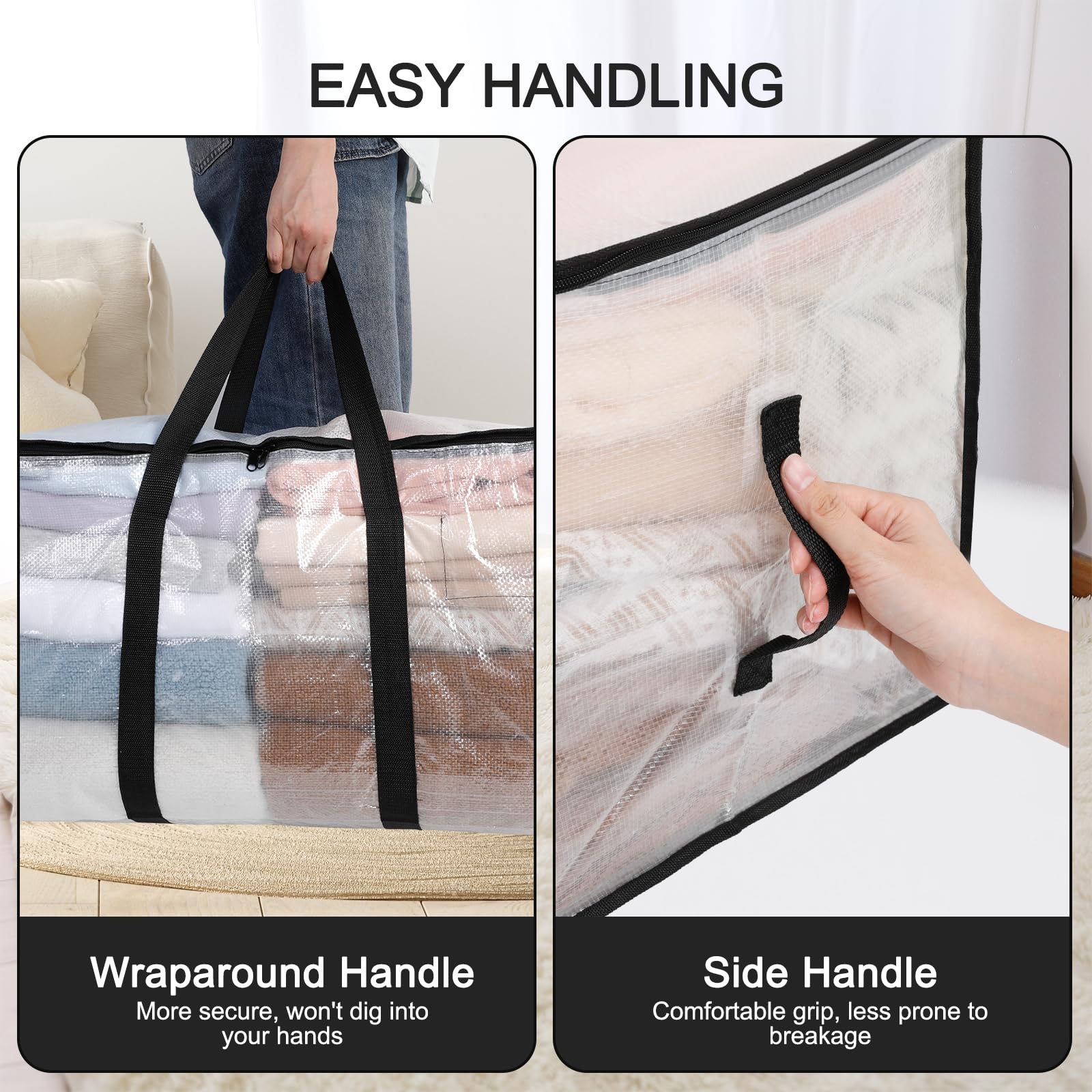 VINATO 4 Borse di Stoccaggio per Coperte, Grandi Borse per Trasloco Trasparenti con Maniglie, Resistenti all'Umidità e alla Polvere - Scatola per Vestiti, Casa, Organizzazione