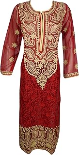 Mogul Interior Womens Tunic Dress Red Embroidered Sheer Georgette Kurtis Coverup M