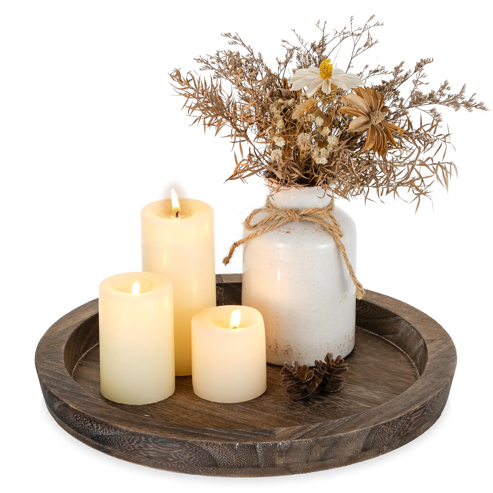 Romadedi Rustic Wooden Tray Candle Holder - Small Wood Decorative Plate Pillar Candle Tray for Farmhouse Kitchen Countertop Bathroom Coffee Table Organizer Home Decor Wedding Centerpiece, 11inch