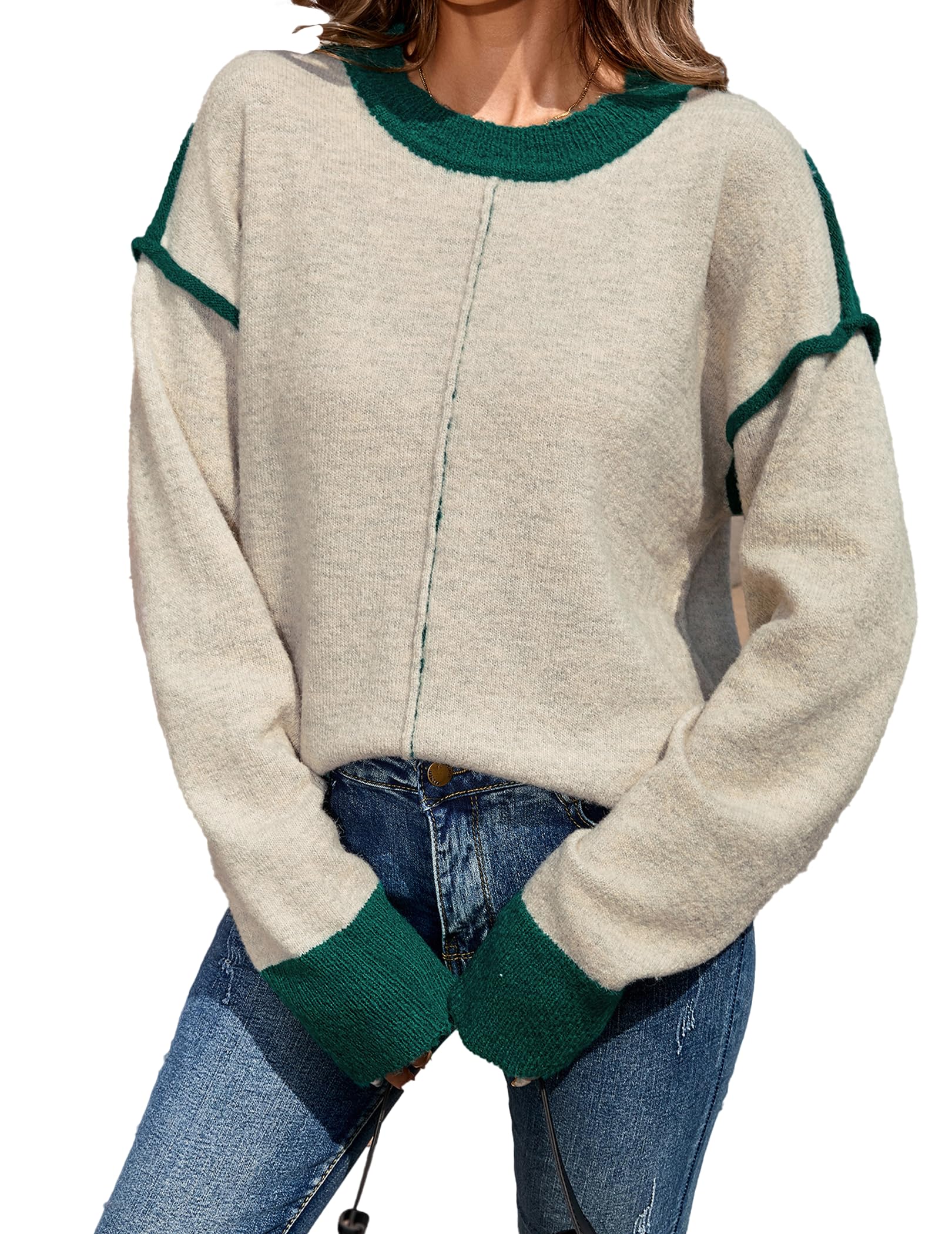 SunnyMelody Womens Oversized Cute Color Block Crew Neck Sweater 2025 Winter Long Sleeve Trendy Ribbed Knit Pullover Sweaters
