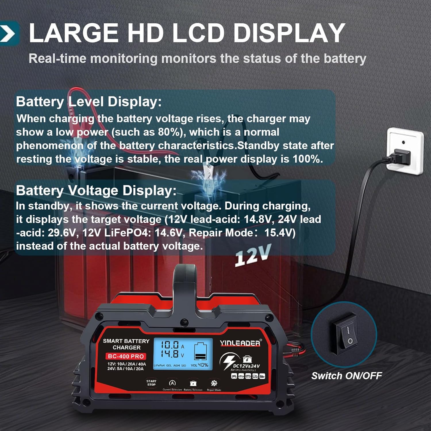 Yinleader Cargador de batería inteligente 40A 12V/24V 20A Cargador de coche LCD Soporte de batería para AGM Moto