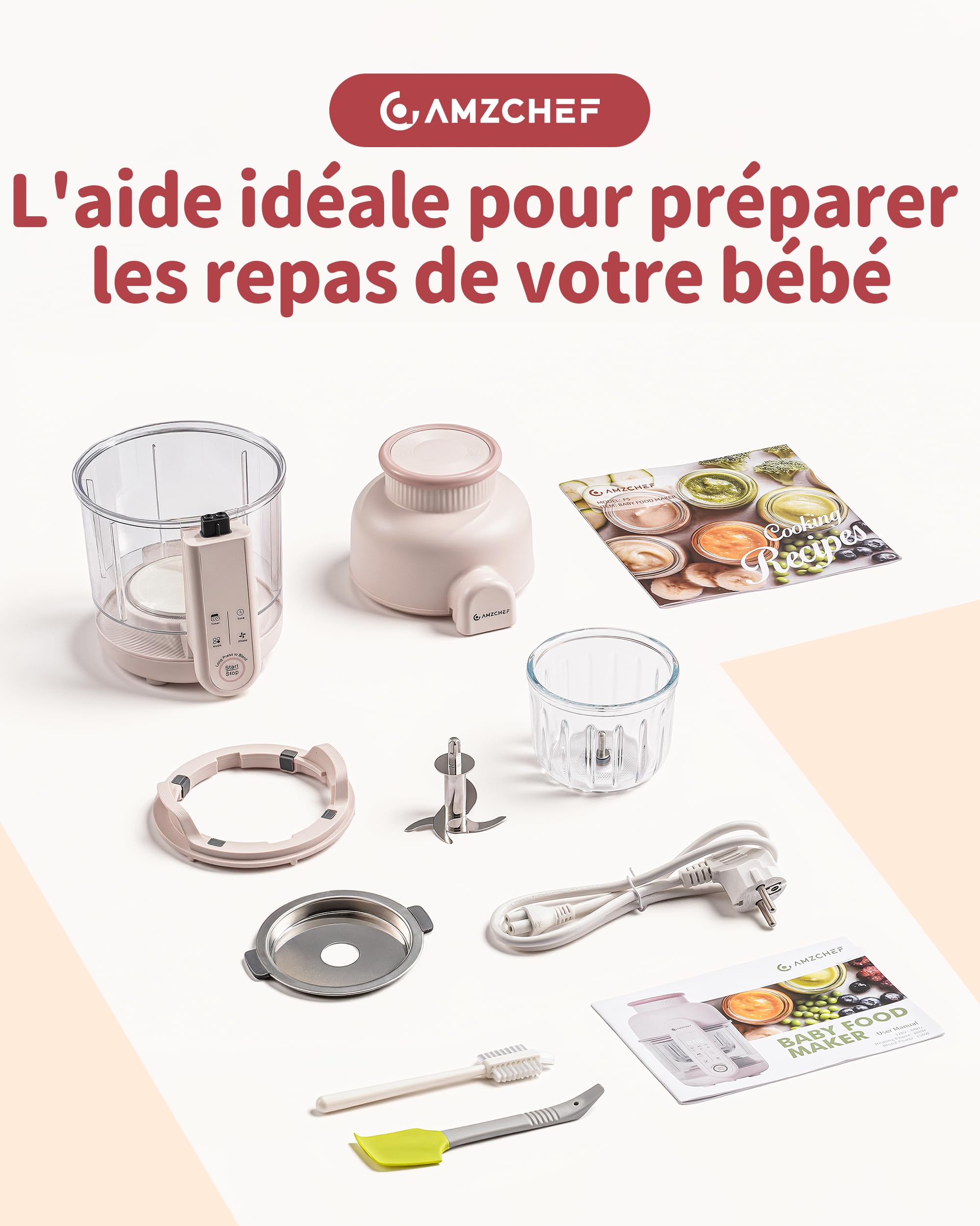AMZCHEF Robot Cuiseur Bébé 6-en-1, Cuiseur Vapeur Mixeur 350 ml – Cuisson automatique & Hachage, Décongeler, Réchauffer – Commande Tactile, Lame 4 Couches, Sans BPA, Auto-Nettoyage