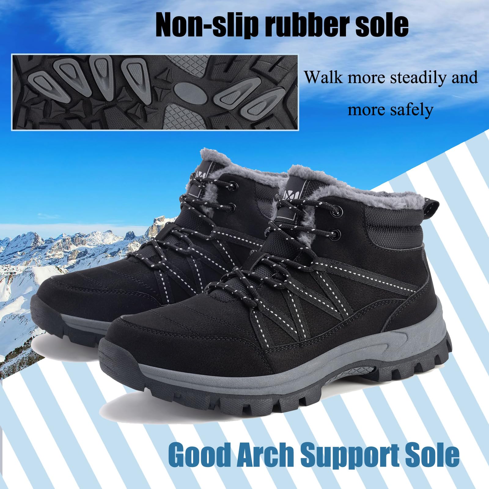 Schneestiefel für Herren mit Fell gefüttert rutschfeste Winterstiefel leicht wasserdicht Stiefeletten Outdoor-Wanderstiefel