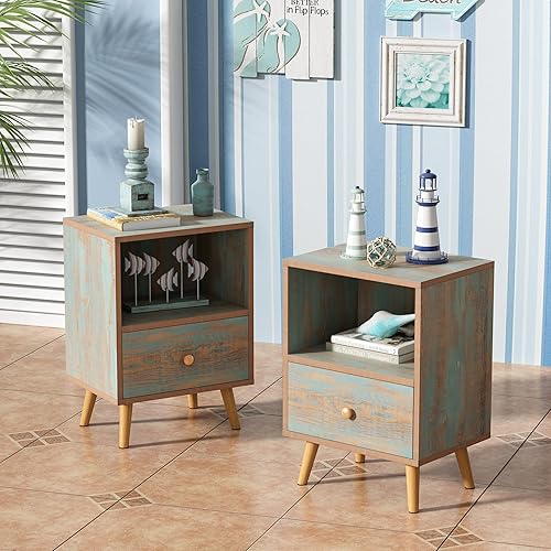 JAXPETY Juego de 2 mesitas de noche con cajón y estante de almacenamiento abierto, mesa auxiliar con patas de madera maciza para dormitorio, color