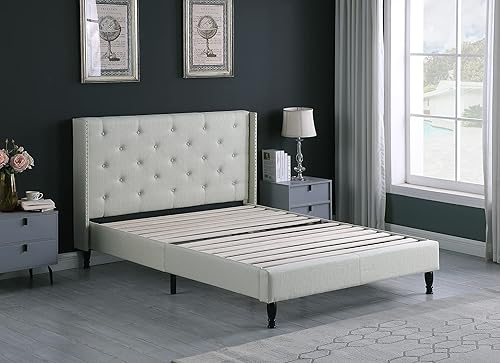 Miniatura 5 de Base de cama de plataforma tapizada Queen con cabecera de 45 pulgadas y base ajustable, cama de lino copetuda con botones, soporte de listones de