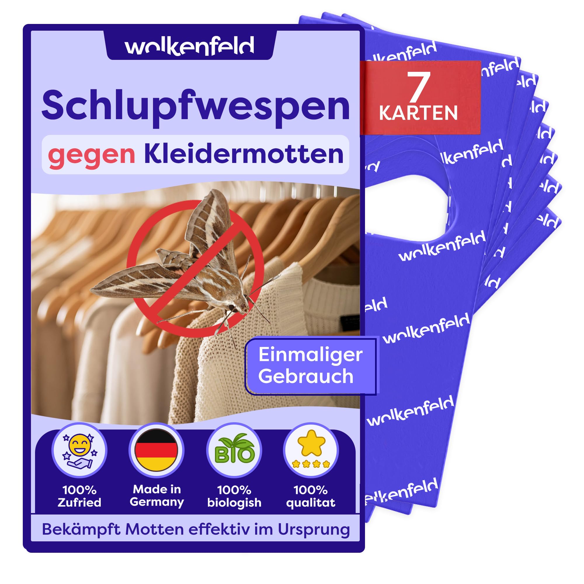 Wolkenfeld Schlupfwespen gegen Kleidermotten – 7 Karte à 1 Lieferungen – Effektive Bekämpfung von Kleider-Motten – Natürliche Alternative zu Mottenfallen, Mottenspray & Pheromonfallen