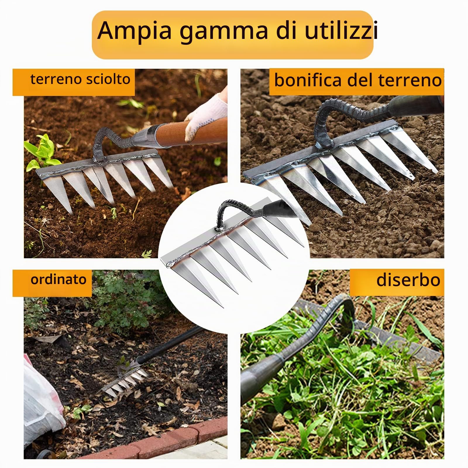 Rastrello Giardino - in Acciaio al Carbonio, Rastrello per Foglie Giardino, per Diserbo/Allentamento/Semina, 6 Denti (senza bastone)