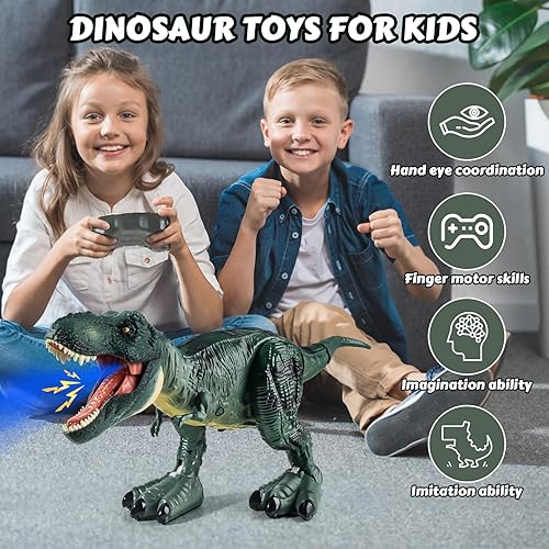 Miniatura 5 de Tyrannosaurus - Juguetes de dinosaurio a control remoto para niños de 3 a 12 años, velocidad ajustable T Rex juguetes con rociador de niebla, luz y