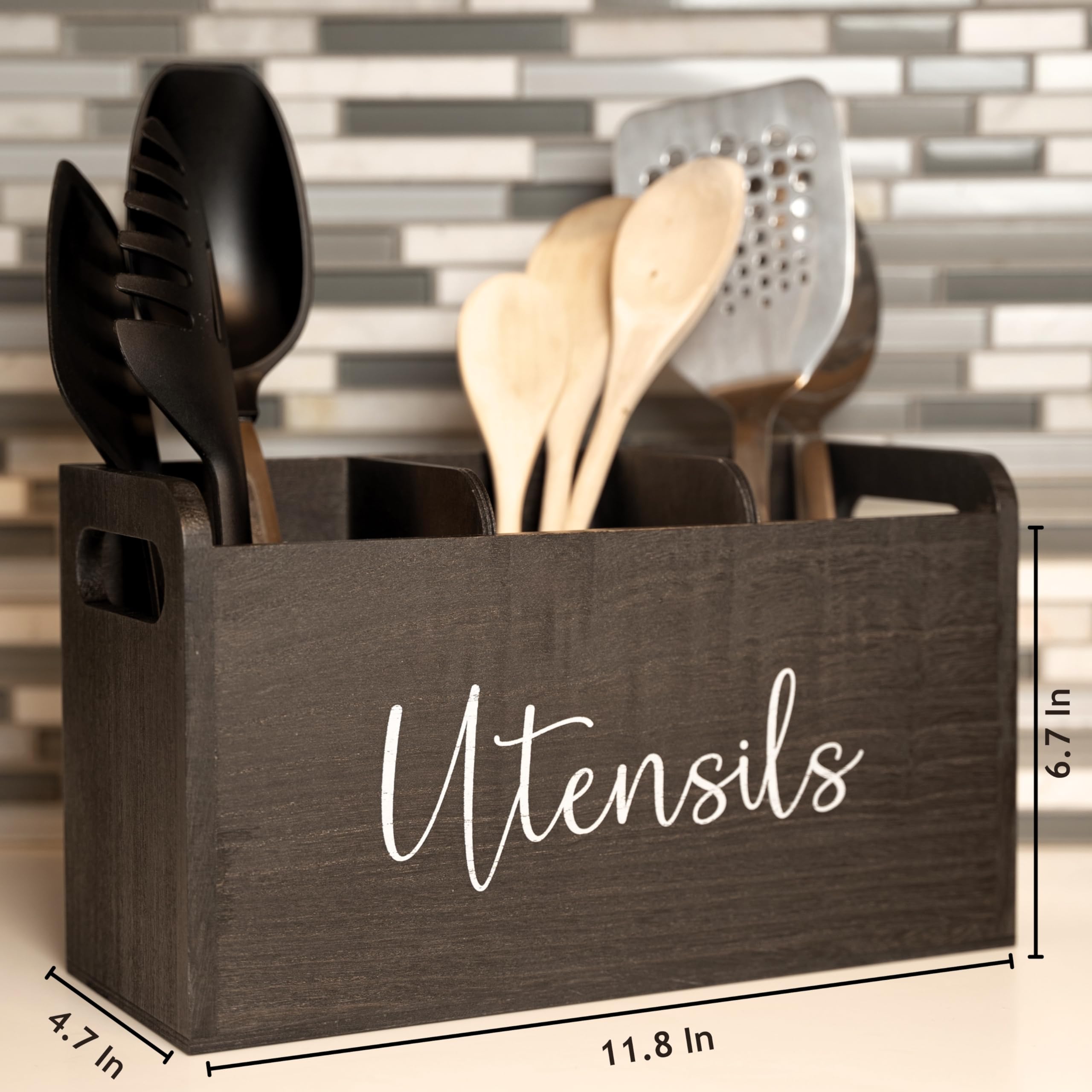 Schwarzer Küchenutensilienhalter | 3 Fächer 30,5 x 12,7 x 17,8 cm | Küchenutensilienhalter aus Holz | Utensilienhalter für Arbeitsplatte | Küchenaufbewahrung |, UTL-HLD-1
