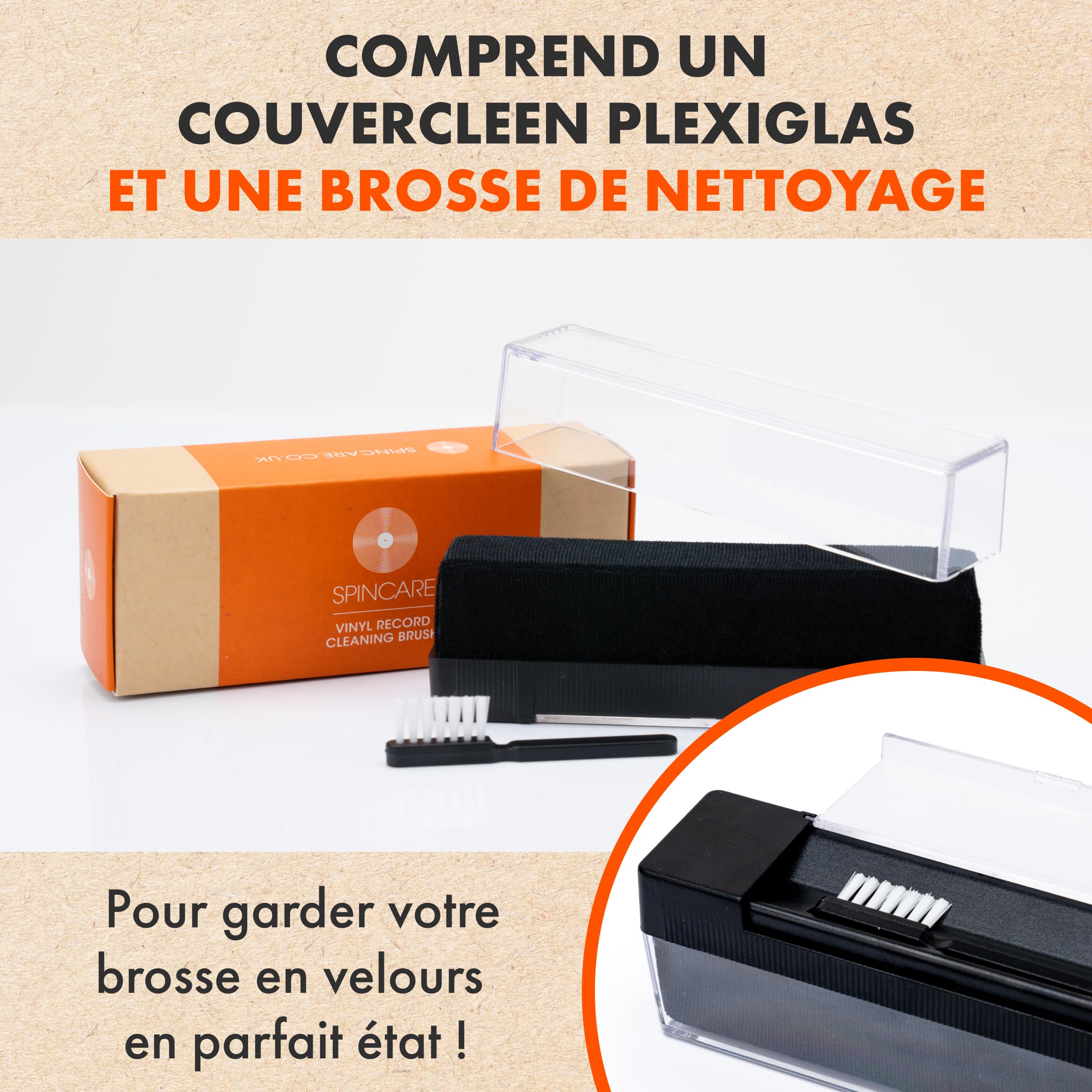 Brosse Vinyl | Spincare Nettoyeur Vinyle en Velours pour LP avec Couvercle Anti-Poussière Protecteur | Entretien des Albums | Nettoyage Vinyle Poussière & Saletés