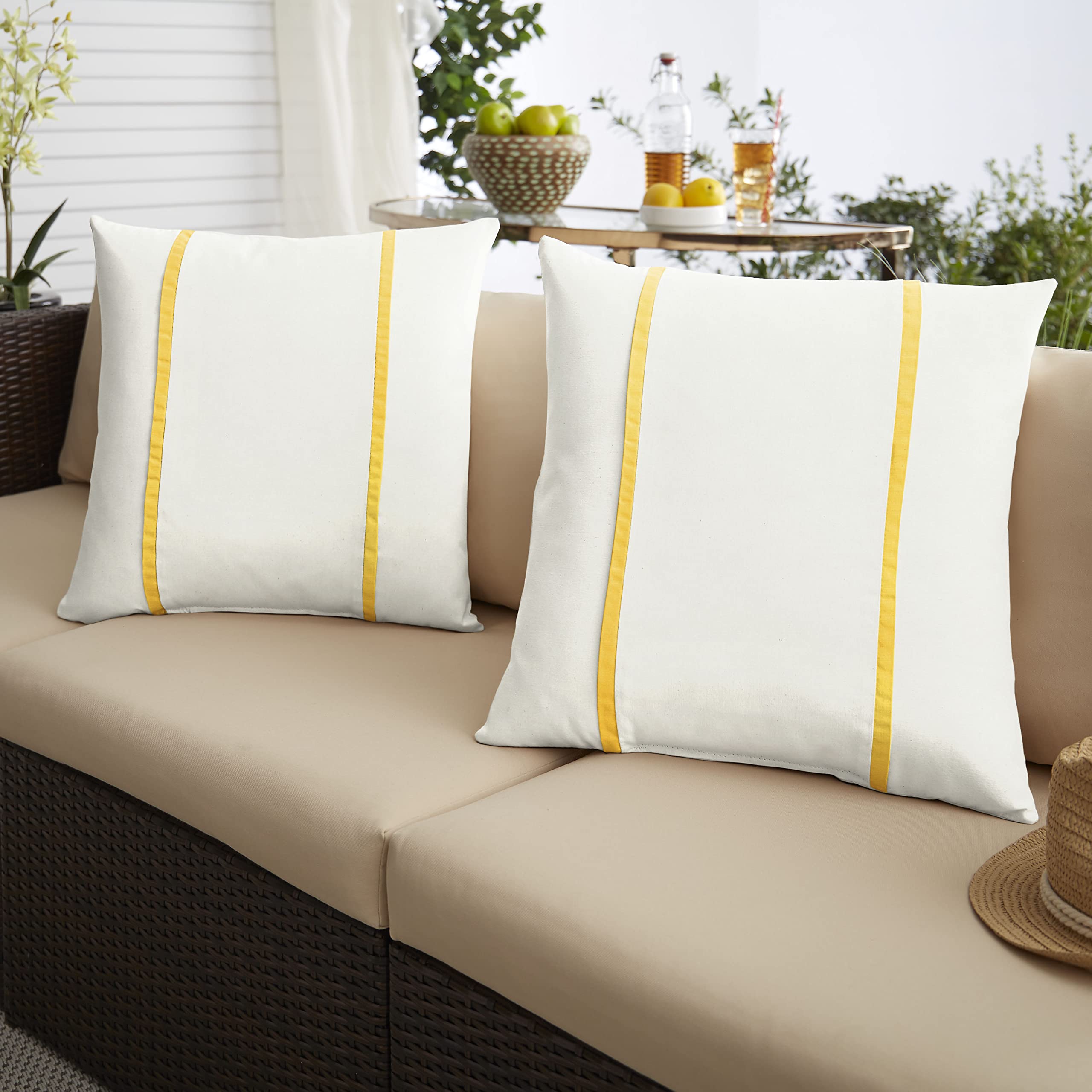 Sorra Home x Sunbrella - Indoor/Outdoor Square Pillows (Set of 2), Canvas Natural Ivory & Yellow