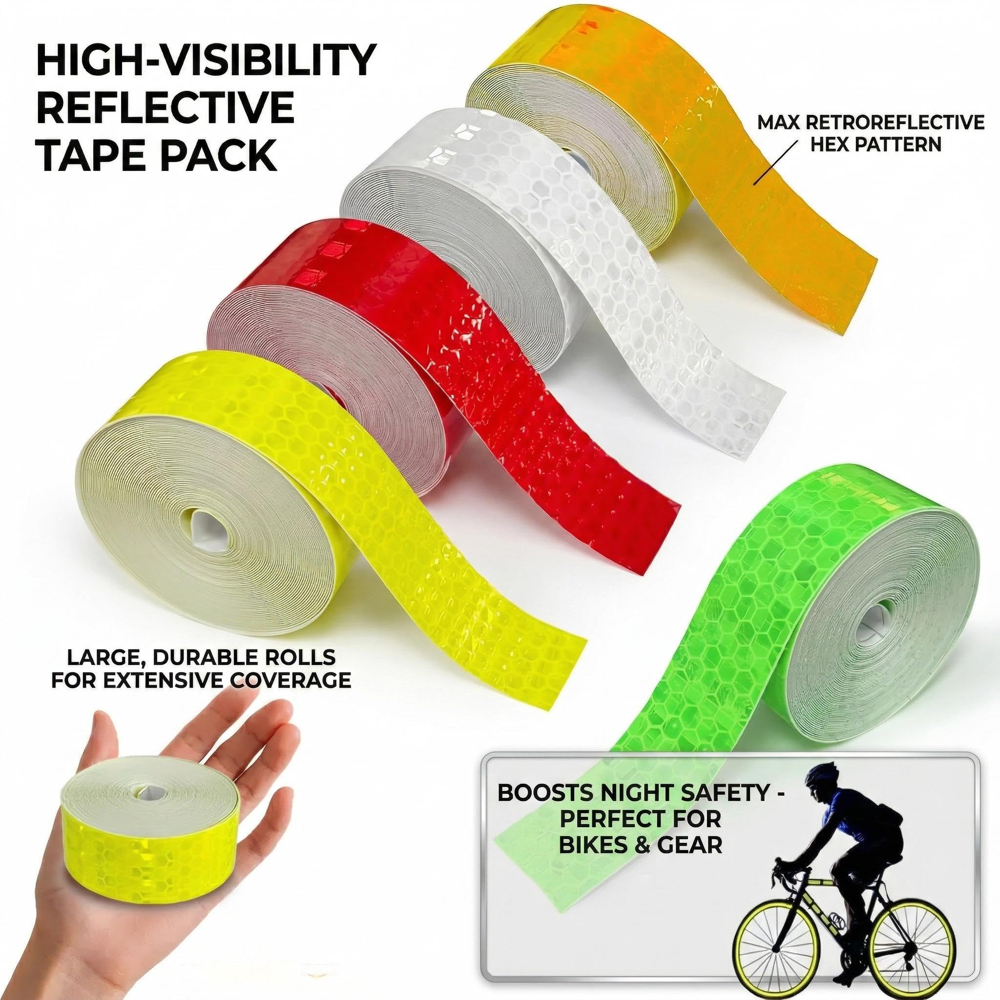 Nastro Catarifrangente Adesivo 25m, Set 5 Rotoli, Colori Rosso, Bianco, Giallo, Verde, Arancio, Alta Riflettenza, Facile da Usare, Adatto per Auto, Moto, Biciclette, Abbigliamento e Accessor