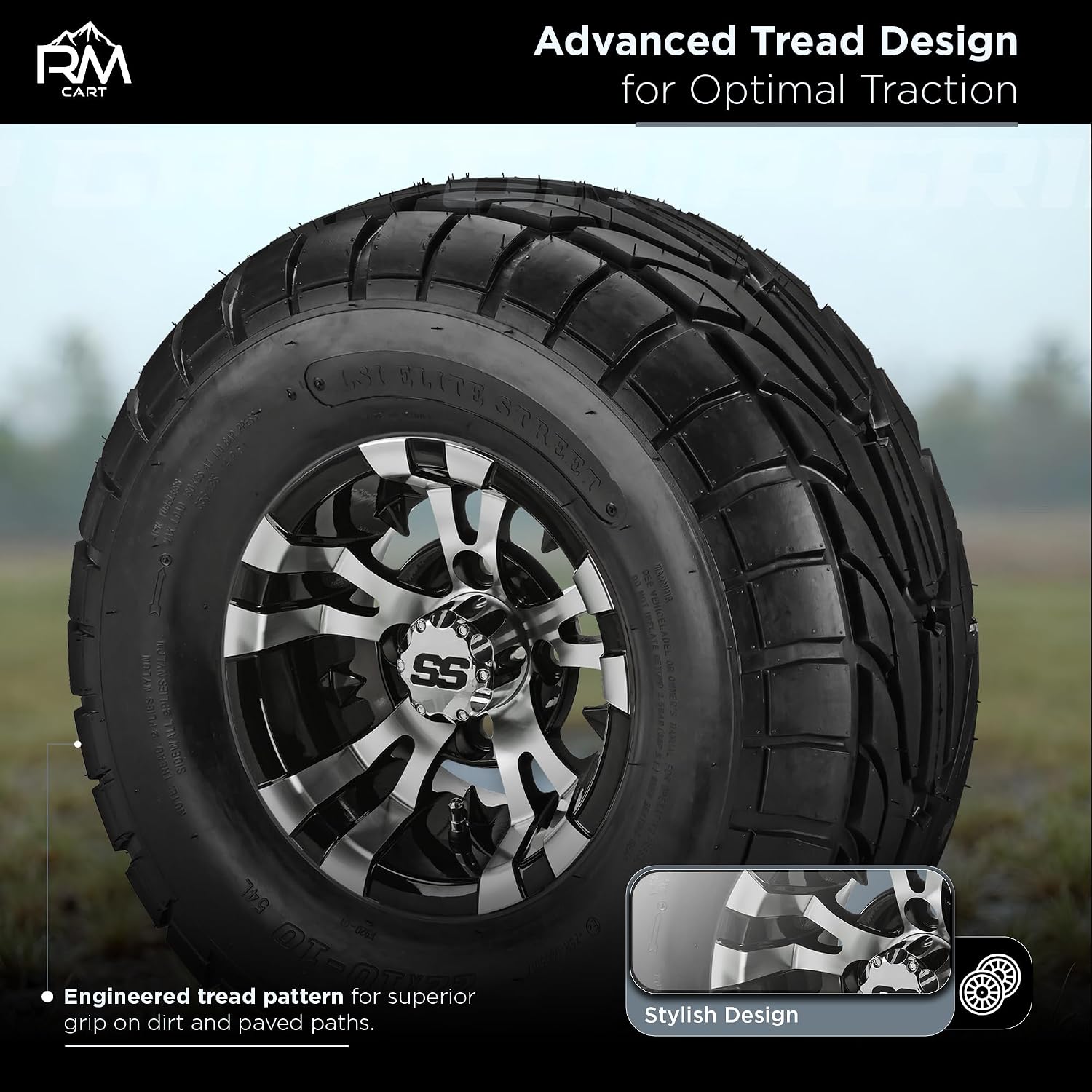 RM Cart 10" Warlock Black/Machined on a 22x10-10 LSI Elite Street Tire (Set of 4) | Golf Cart Tires and Wheels Combo with Standard Lug Nuts