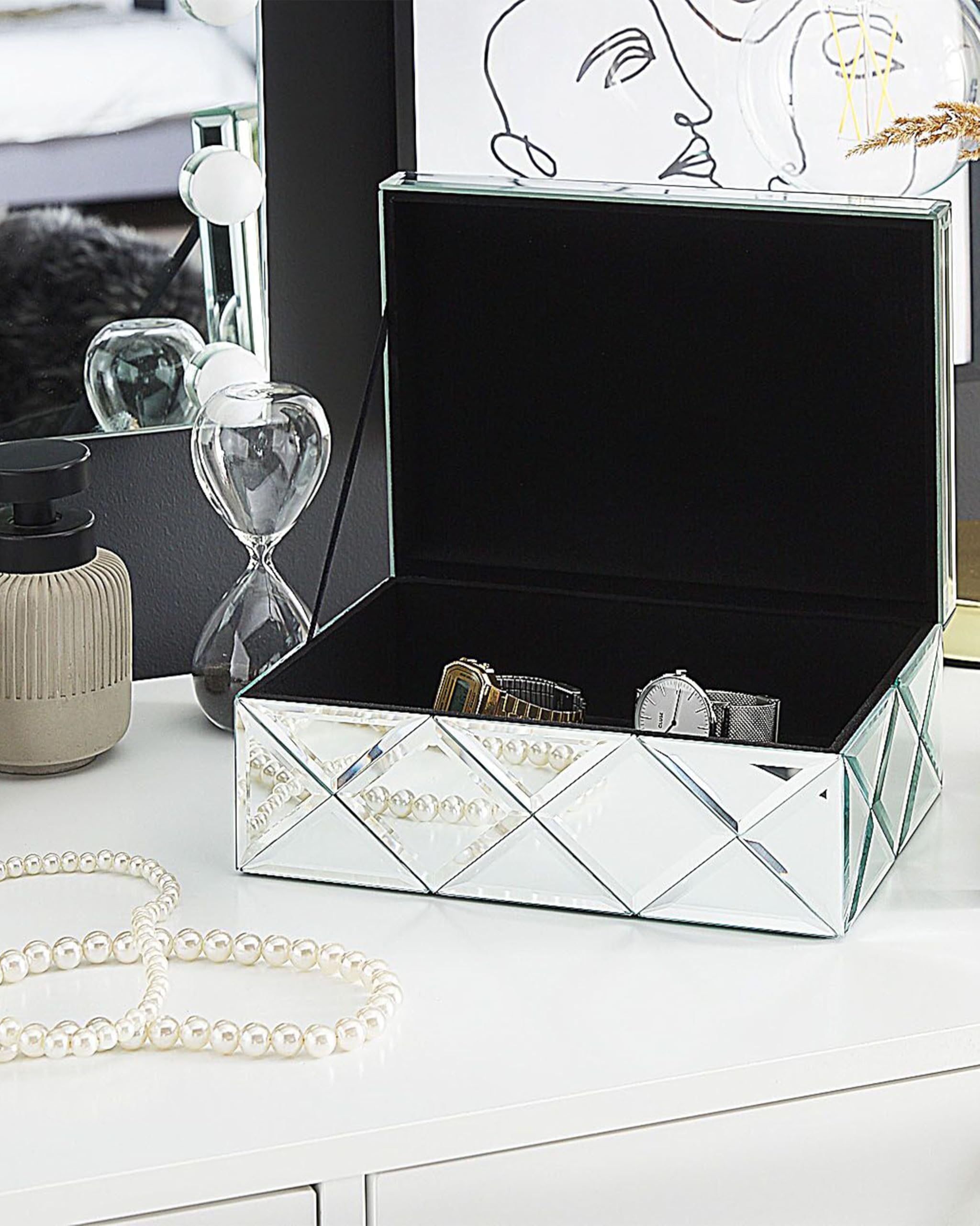 Portagioie In Vetro Con Specchio E Diamanti - Scatola Elegante Per Orecchini E Anelli, Argento - Foto 14