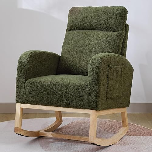 Krinana Mecedora para guardería con patas de madera maciza, silla deslizante para guardería con dos bolsillos laterales, sillón mecedor para sala de