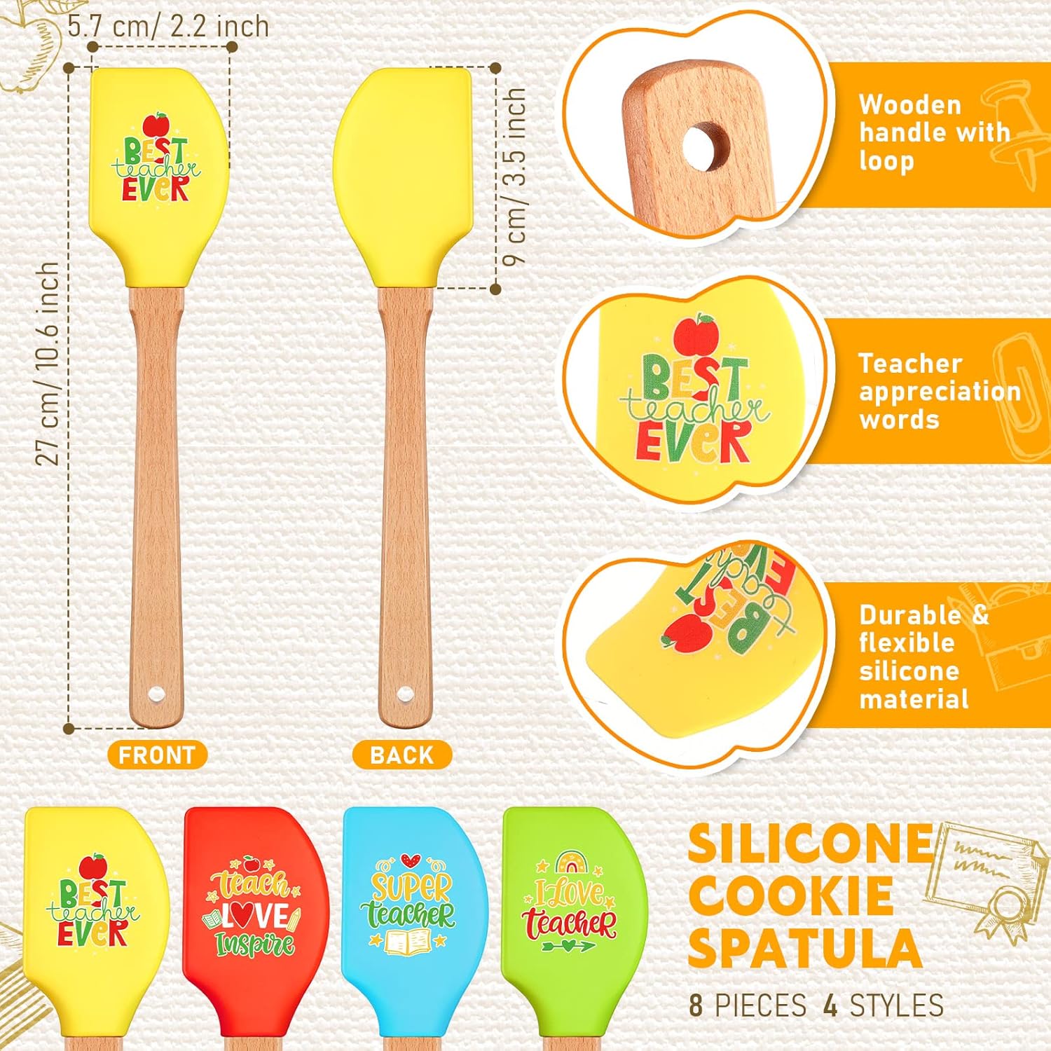 Lallisa 16 Pcs Christmas Teacher Appreciation Gifts Teacher Pot Holder Teacher Spatula Gifts Heat Resistant Microwave Oven Mitt Silicone Spatula with Wooden Handle for Baking End of the Year Gift