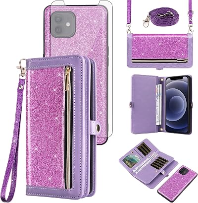 Asuwish Phone Case for iPhone 12 Pro iPhone12 6.1 Zipper Wallet Detachable Cell Cover with Tempered Glass Screen Protector Strap Bling Glitter Flip Card Holder iPhone12pro 5G i 12s 12pro Women Purple