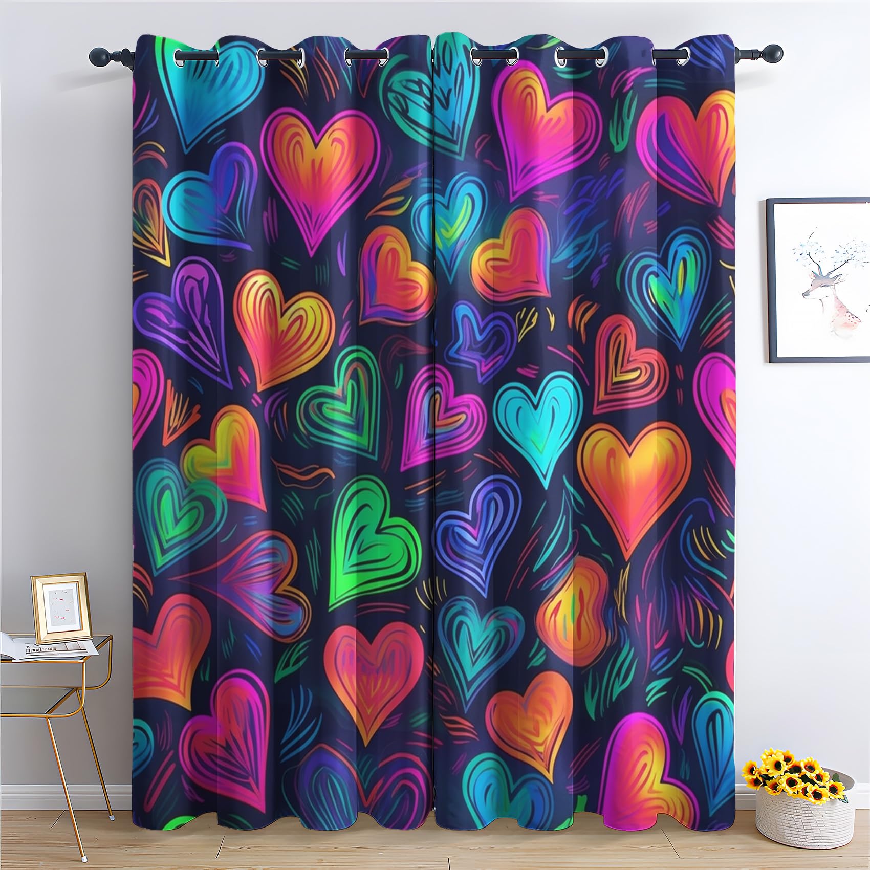 SZLYZM Heart Blackout Curtains, Oil Painting Colourful Bedroom Curtains & Living Room Curtains 90x90 Inch 2 Panels Set, Thermal Eyelet Drapes Decorative Patterned Window Treatments 90 Drop (W5-&36)