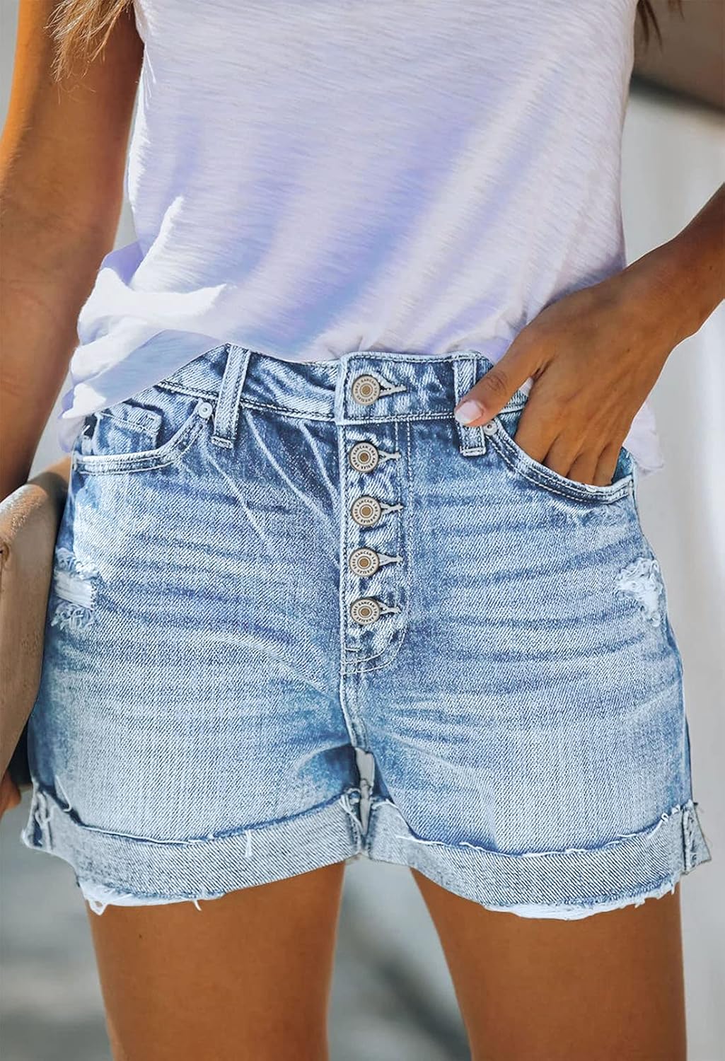 Pink Queen Women's High Waisted Denim Shorts Casual Ripped Summer Hot Short Jeans Frayed Distressed Jeans Shorts with Pockets - Image 4