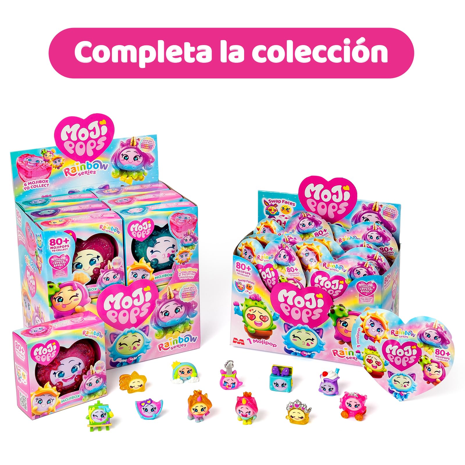 MOJIPOPS Rainbow Series – One Pack. Caja con 24 sobres con figuras coleccionables. Cada sobre Contiene 1 Mojipop sorpresa y 1 Checklist