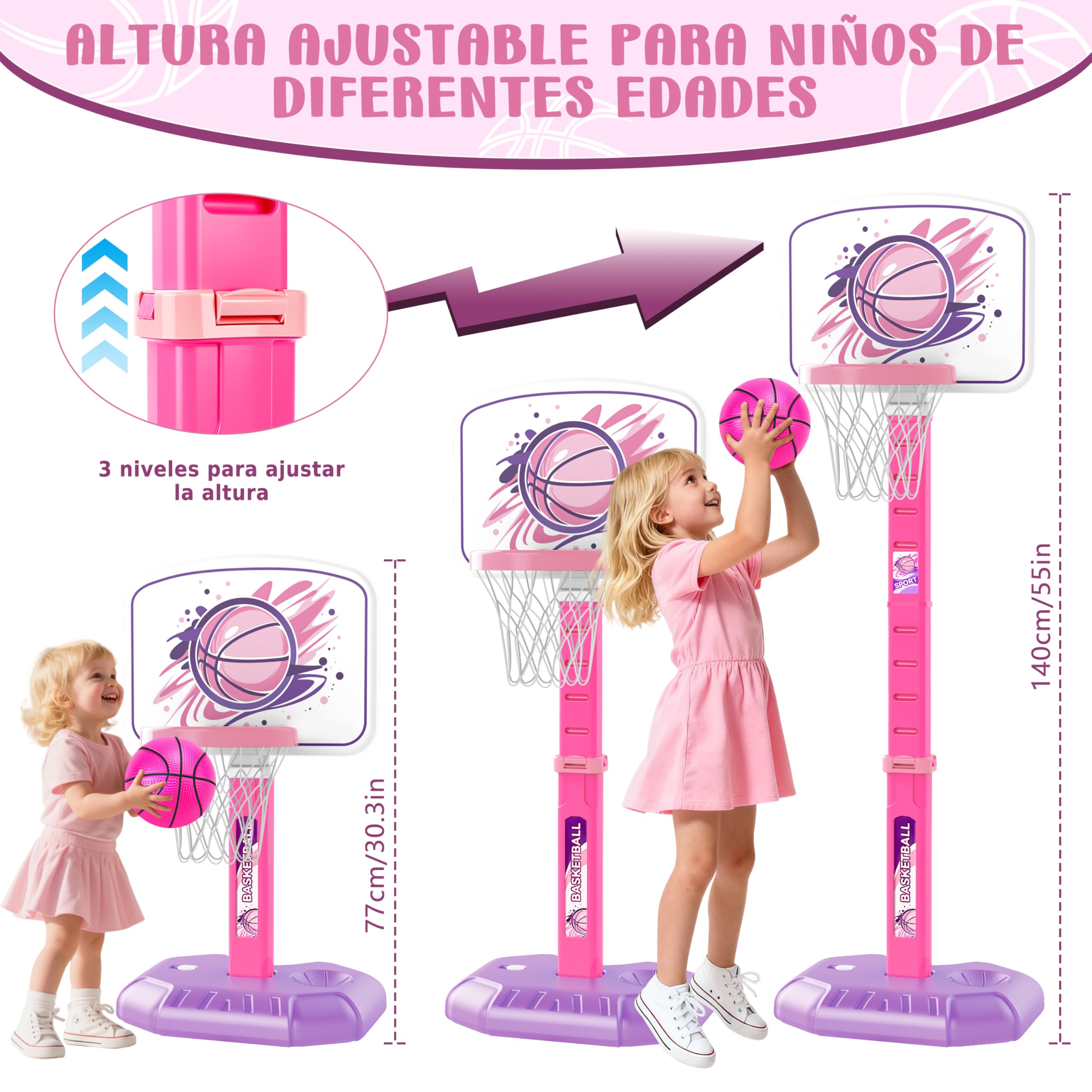 MOMOSTAR Canasta Baloncesto Infantil, Canasta de Baloncesto para Niños Incluir 3 Bolas, Altura Ajustable 70-140cm, Aro de Baloncesto para Interior y Exterior, Regalos para Niña Niño 3 4 5 6 Años