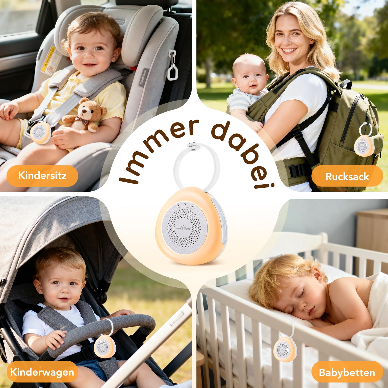 Easy@Home Mini-Gerät mit weißem Rauschen, für Babys, Erwachsene, Kinder, Schlaf, 30 beruhigende Geräusche, tragbare Maschine mit Nachtlicht, Timer, Memory-Funktion, entspannende Schlafmusik