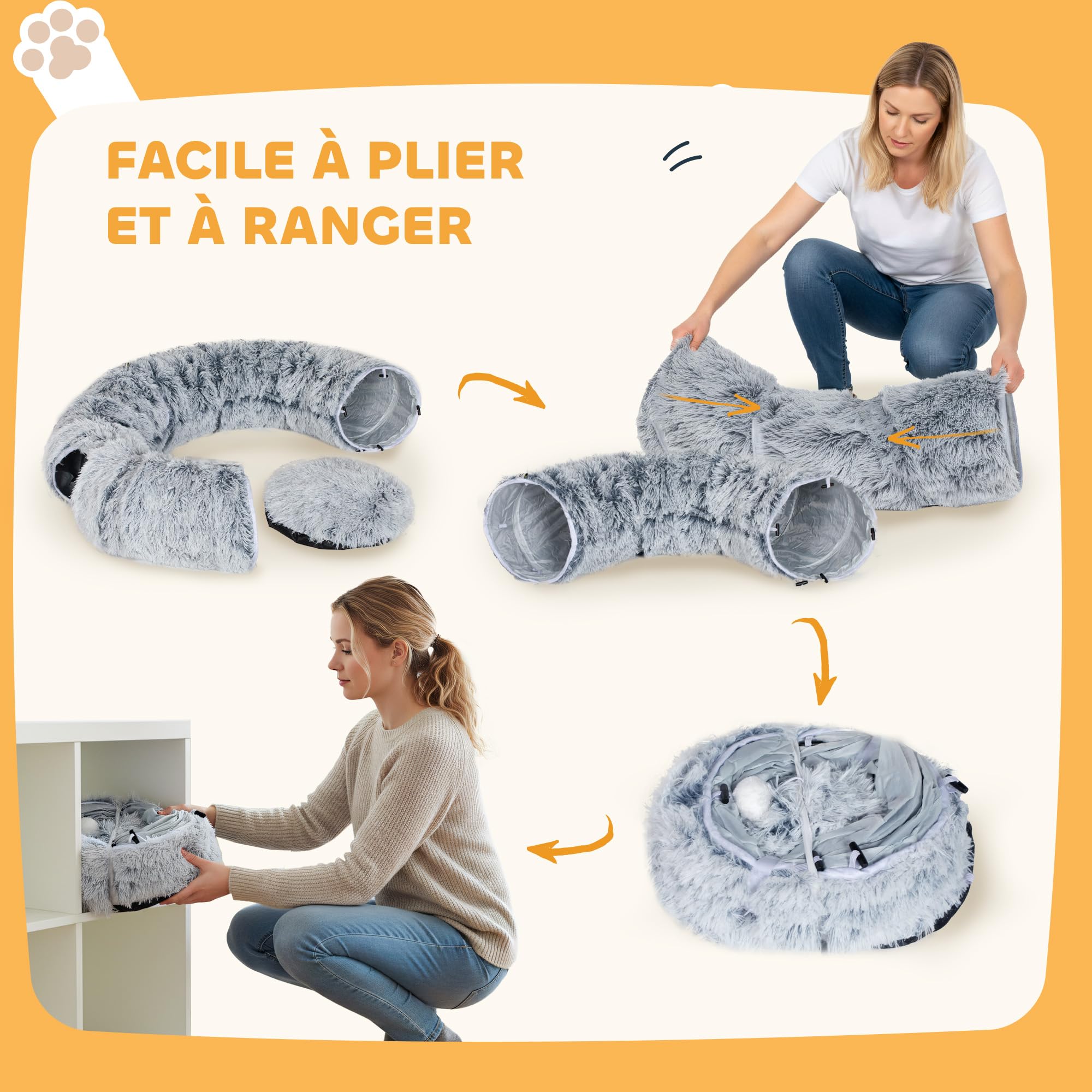 PawHut Tunnel pour Chat Intérieur 2 en 1 avec Lit de Chat en Tissu Suède Doux, Tunnel Chat Rond Pliable en Forme de Donut avec Coussin Circulaire Lavable, Jouet Balle et Trou d'Entrée, Gris Clair