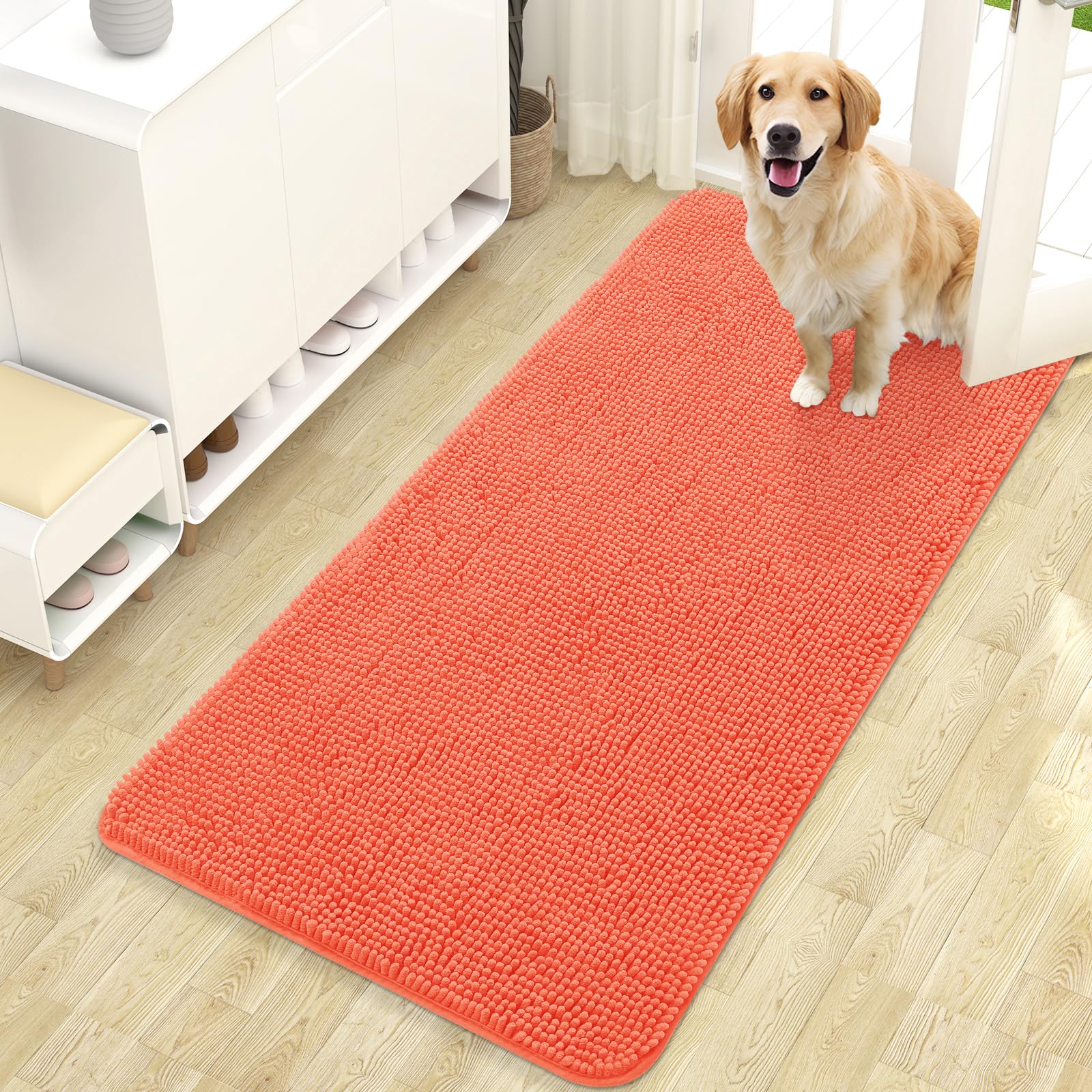 OLANLY Dog Doormat with Muddy Paws, Absorbs Moisture Dirt, Absorbent Non-Slip Washable Quick Dry Dog Entrance Mat Indoor Indoor Floor Mat, Coral — image 1