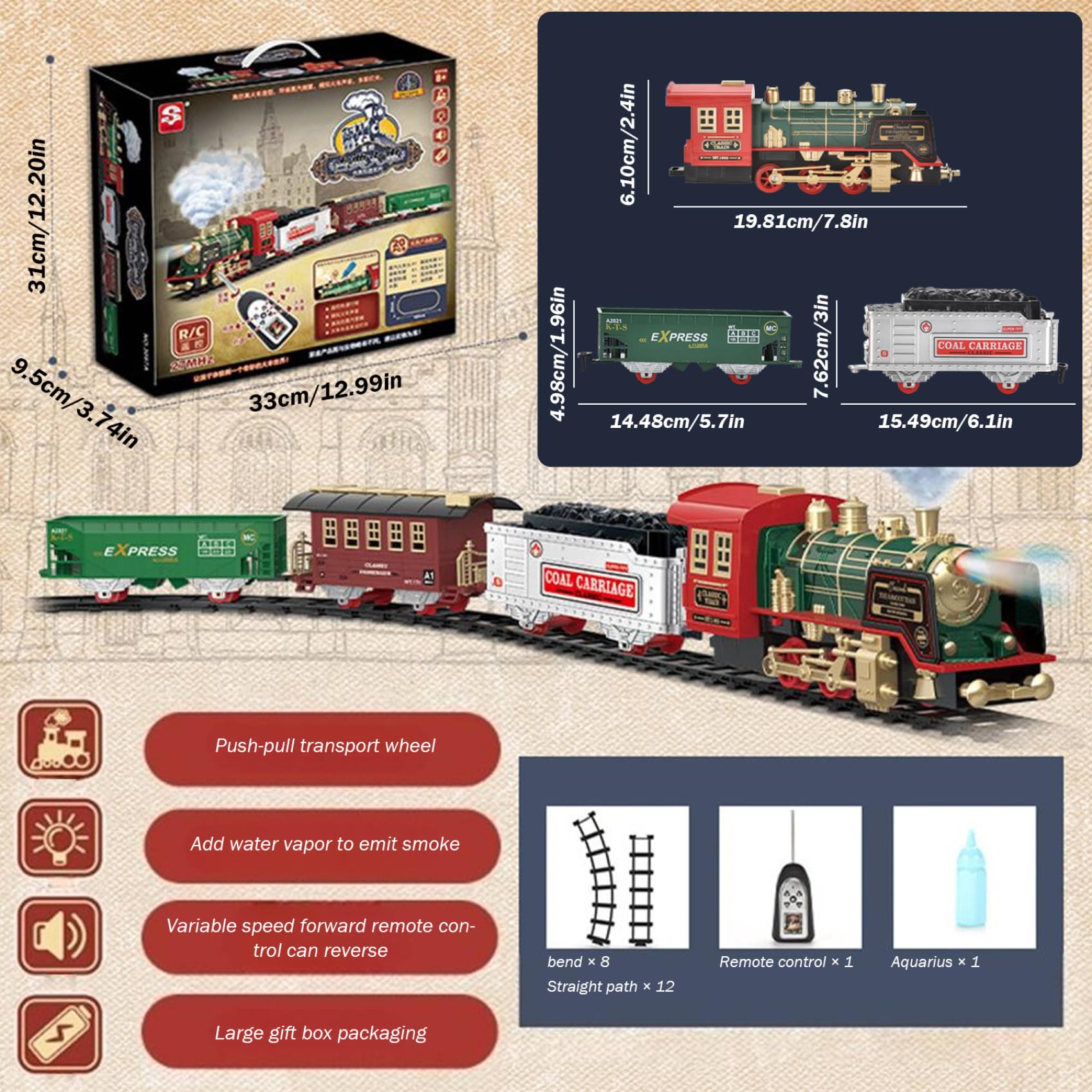 Gcroet Set di Treni di Natale Elettrico retrò a Vapore telecomandato Treno di Natale con luci e Suoni Set di Simulazione di 3 carrozze Regali per Bambini, Senza Batteria...