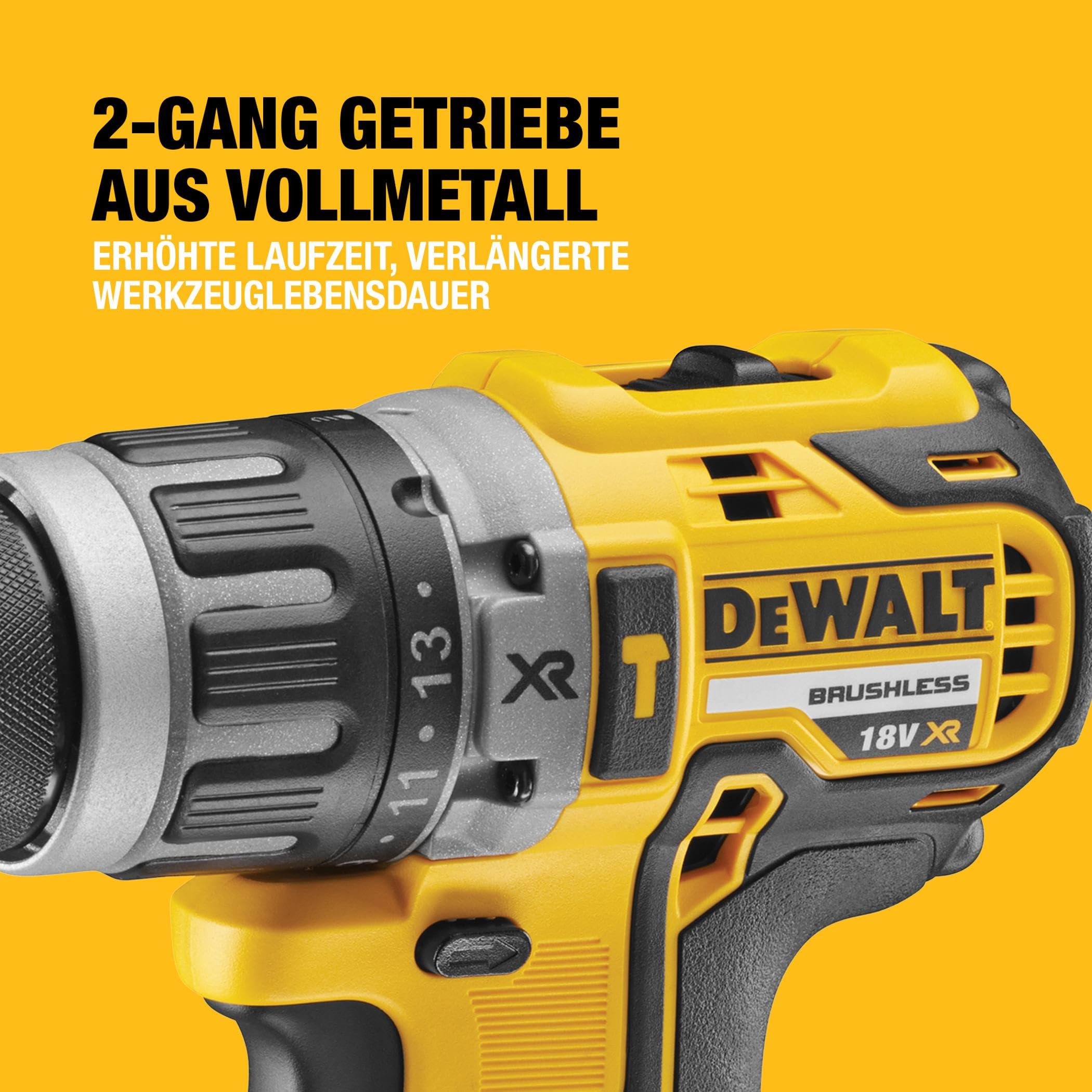 DEWALT XR 18 Volt Akku Schlagbohrschrauber (Bürstenloser Motor, 2-Gang Vollmetallgetriebe, max. Drehmoment 70 Nm, 15 Drehmomentstufen, 2x 18 Volt / 5 Ah Li-Ion Akkus und Ladegerät), DCD796P2-QW