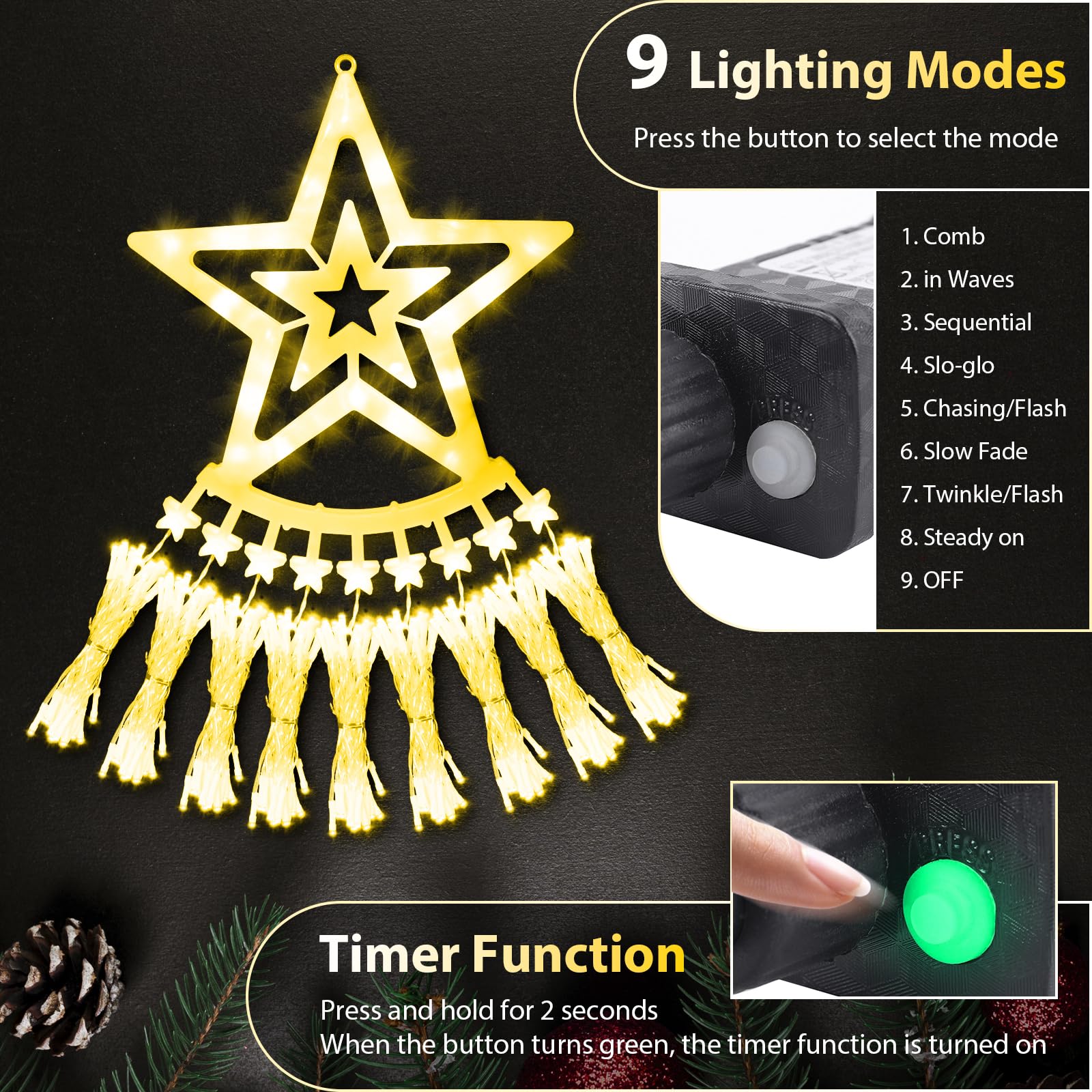 SALCAR Outdoor Christmas Lights, 3.5m x 9 Strands Fairy Lights with 30cm Star Topper, 350 LEDs - Image 4