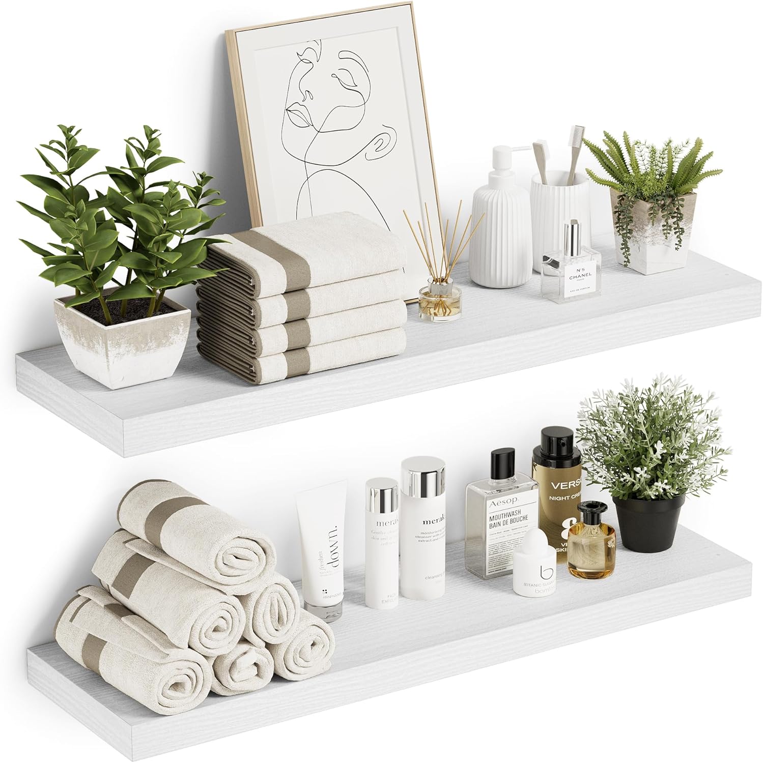 Bathroom Shelves 36 inches Long Floating Shelf for Wall,Bathroom Shelves Over Toilet,Wall Mounted Modern Farmhouse,Set of 2 36''W x 10.3''D x 1.8''H,Set of 2-MDF White