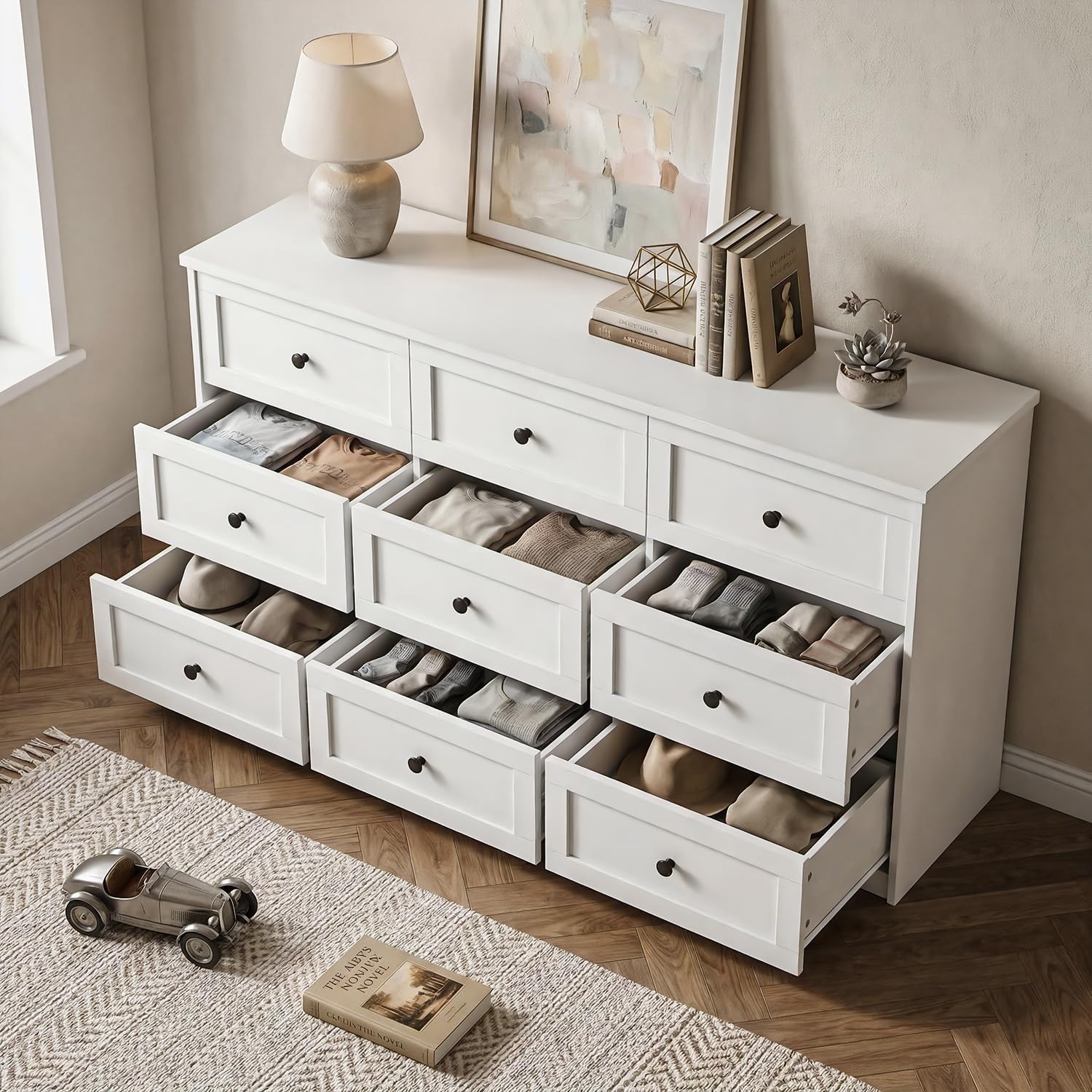 CHUWELL White Dresser for Bedroom, 59.1" Wide Dressers & Chests of Drawers with Large Capacity Storage,9 Drawers Dresser for Bedroom